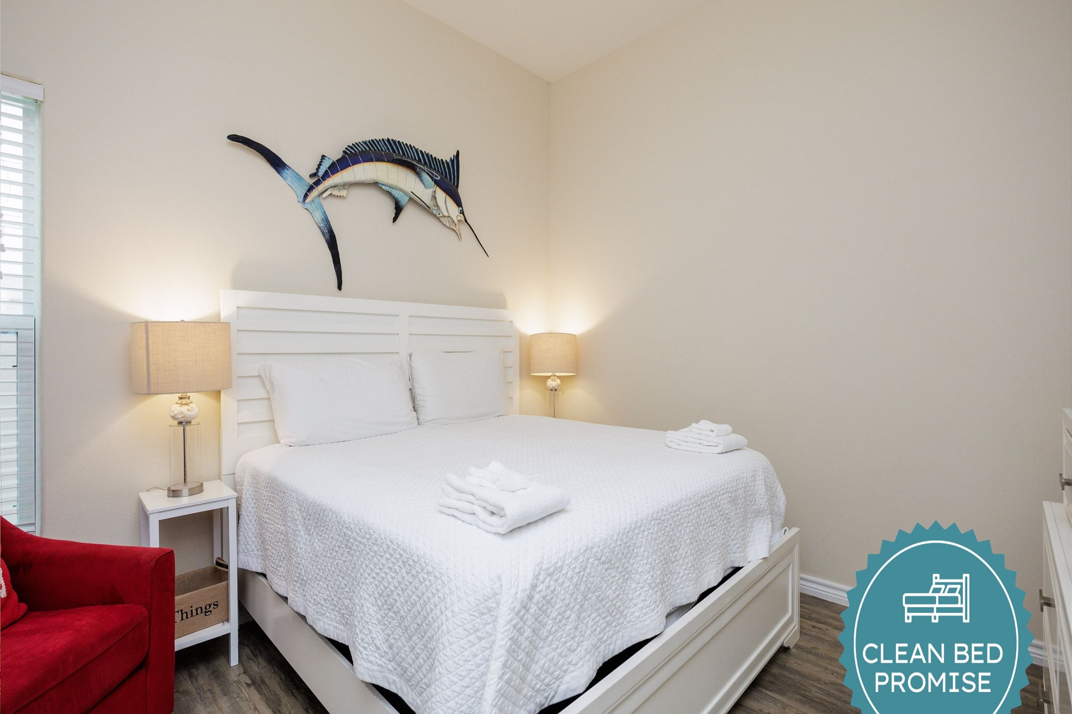 Sleep better at Padre Escapes with our exclusive Clean Bed Promise, providing fresh linens, comforters, and towels washed at high temperatures exceeding CDC recommendations, setting us apart for a truly restful vacation   