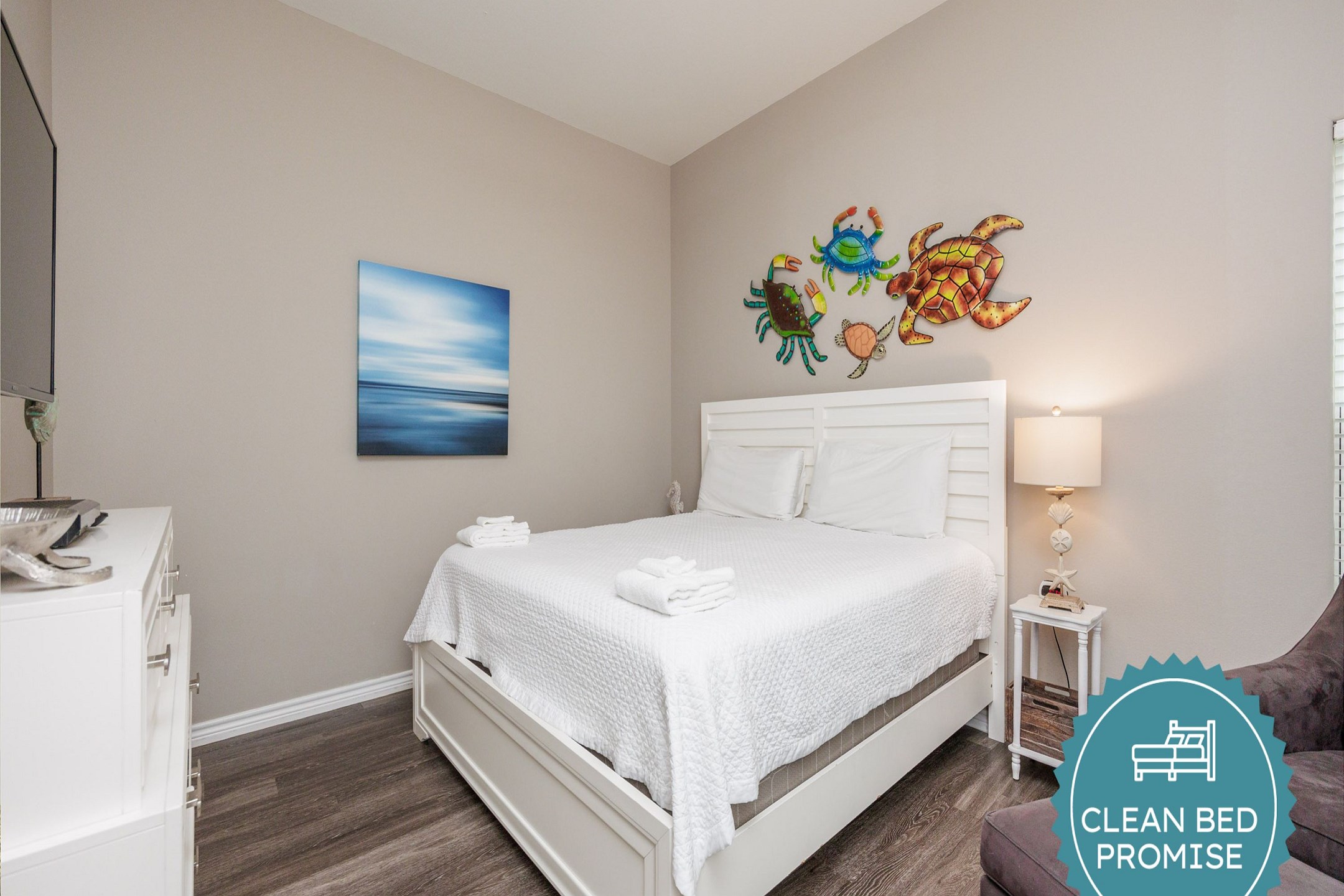 Sleep better at Padre Escapes with our exclusive Clean Bed Promise, providing fresh linens, comforters, and towels washed at high temperatures exceeding CDC recommendations, setting us apart for a truly restful vacation 