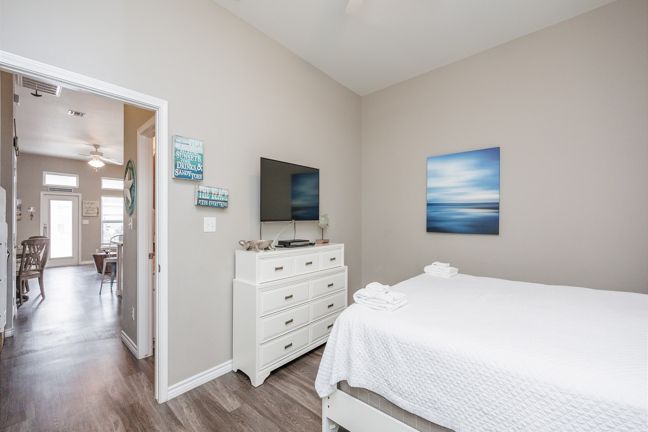 Sleep soundly in your private bedroom with a king-size bed