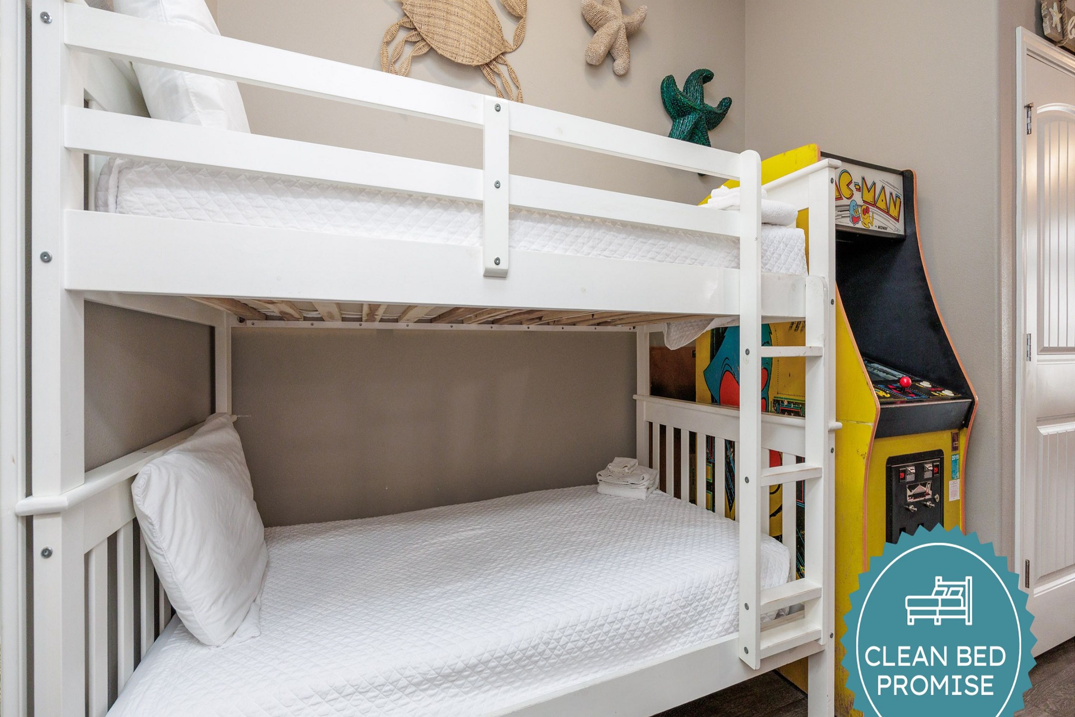 Sleep better at Padre Escapes with our exclusive Clean Bed Promise, providing fresh linens, comforters, and towels washed at high temperatures exceeding CDC recommendations, setting us apart for a truly restful vacation 