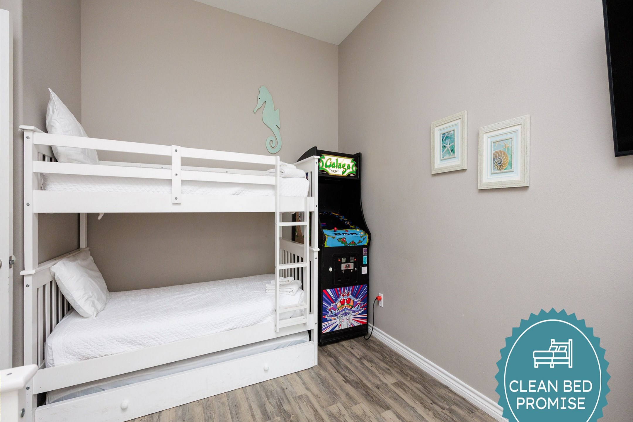 Sleep better at Padre Escapes with our exclusive Clean Bed Promise; providing fresh linens, comforters, and towels washed at high temperatures exceeding CDC recommendations, setting us apart for a truly restful vacation