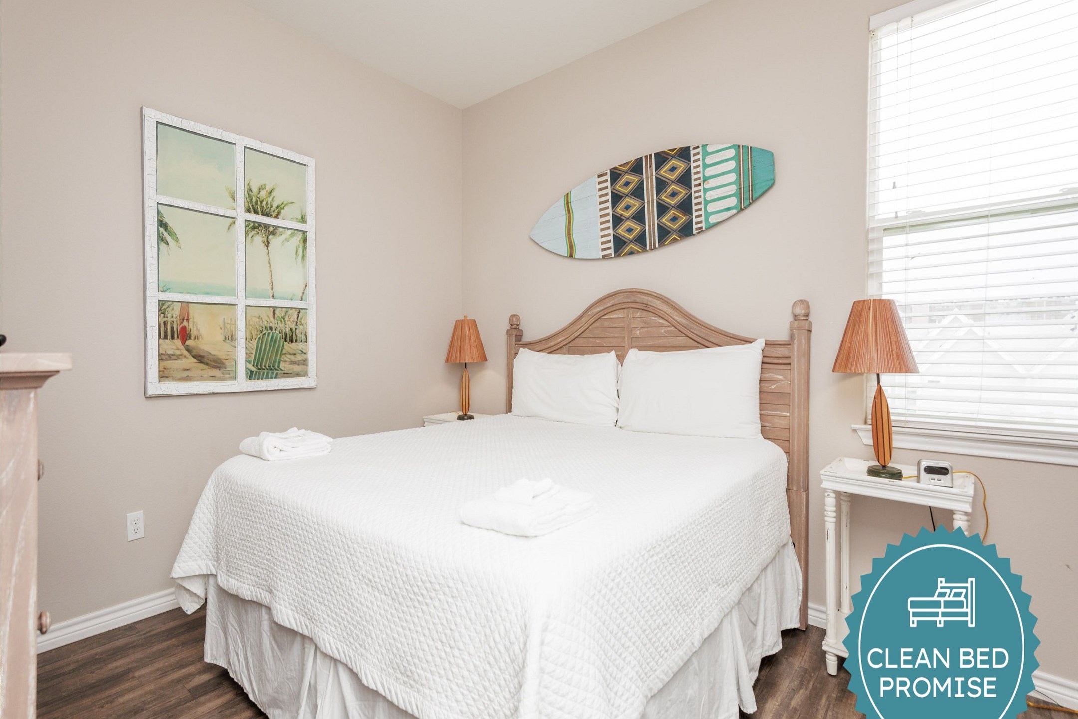Sleep better at Padre Escapes with our exclusive Clean Bed Promise, providing fresh linens, comforters, and towels washed at high temperatures exceeding CDC recommendations, setting us apart for a truly restful vacation   