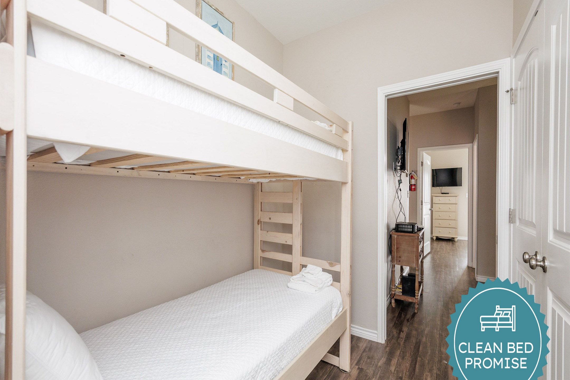 Sleep better at Padre Escapes with our exclusive Clean Bed Promise; providing fresh linens, comforters, and towels washed at high temperatures exceeding CDC recommendations, setting us apart for a truly restful vacation