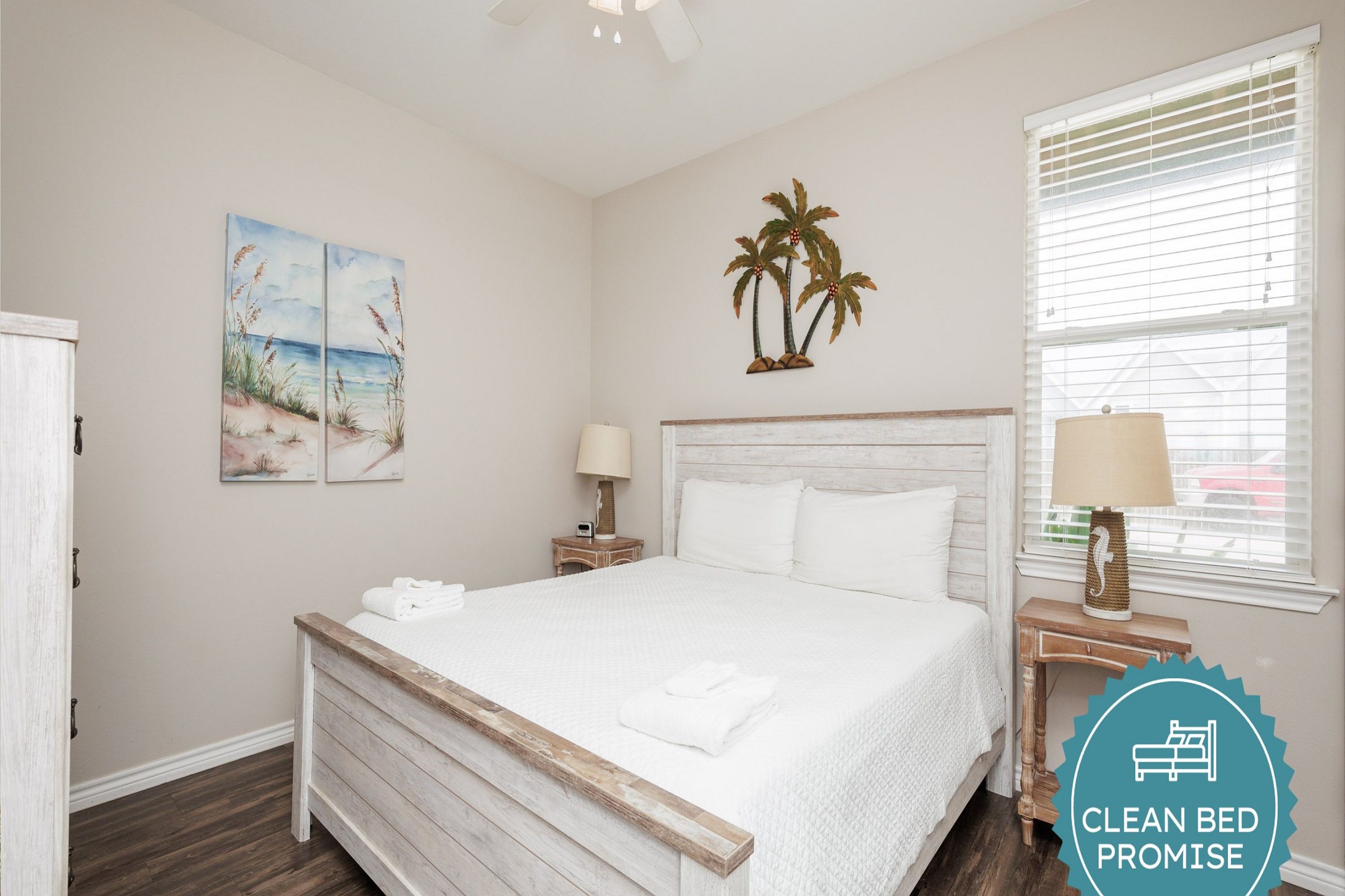 Sleep better at Padre Escapes with our exclusive Clean Bed Promise; providing fresh linens, comforters, and towels washed at high temperatures exceeding CDC recommendations, setting us apart for a truly restful vacation