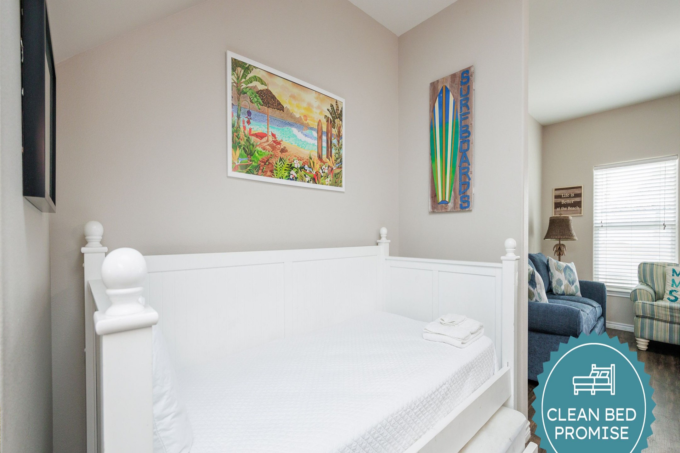 Sleep better at Padre Escapes with our exclusive Clean Bed Promise; providing fresh linens, comforters, and towels washed at high temperatures exceeding CDC recommendations, setting us apart for a truly restful vacation