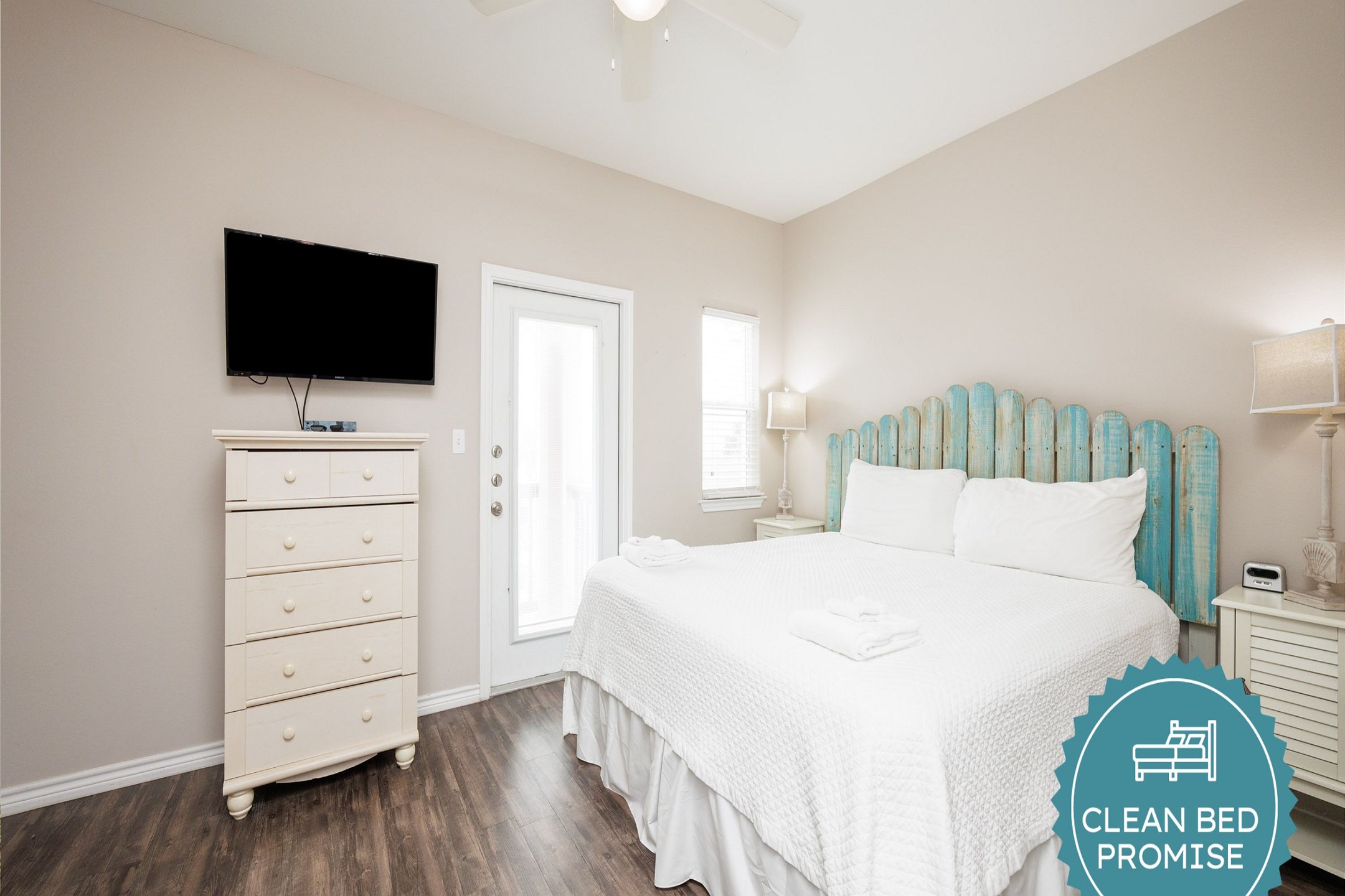 Sleep better at Padre Escapes with our exclusive Clean Bed Promise; providing fresh linens, comforters, and towels washed at high temperatures exceeding CDC recommendations, setting us apart for a truly restful vacation