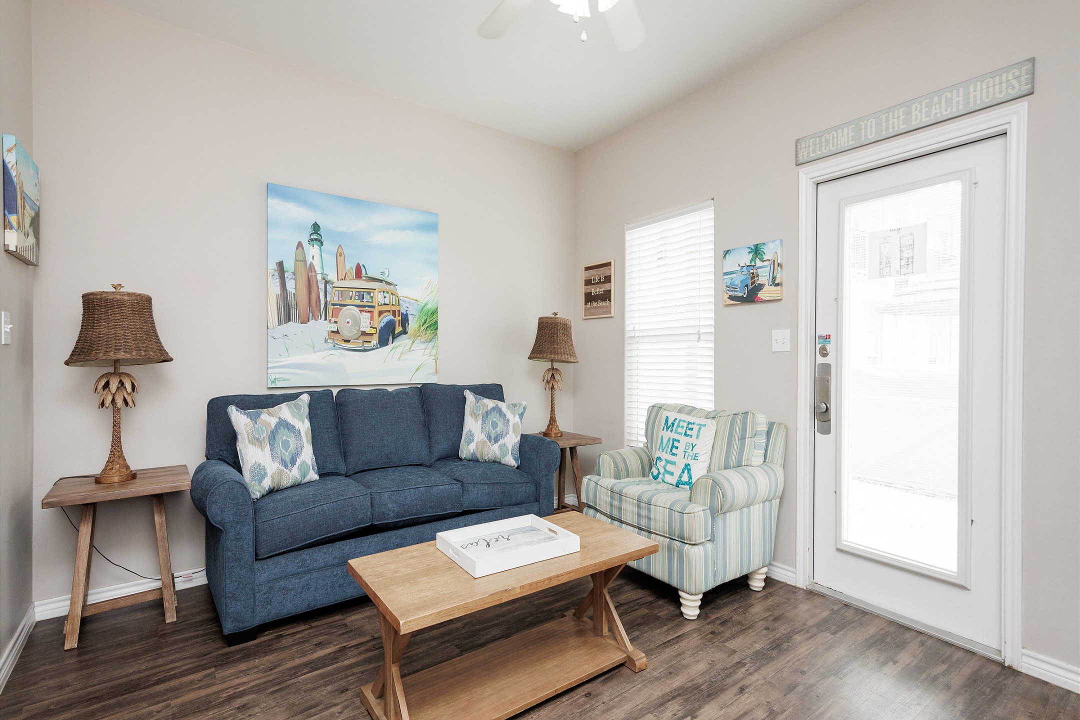 Beautiful living area with queen size sofa sleeper and flat screen TV 