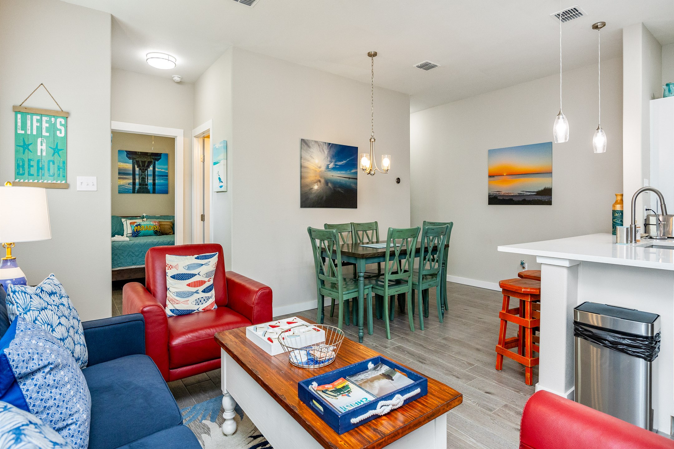 Gather for meals or game nights in the dining area for six, conveniently located right next to the living room—perfect for laid-back vacation vibes and making memories together.