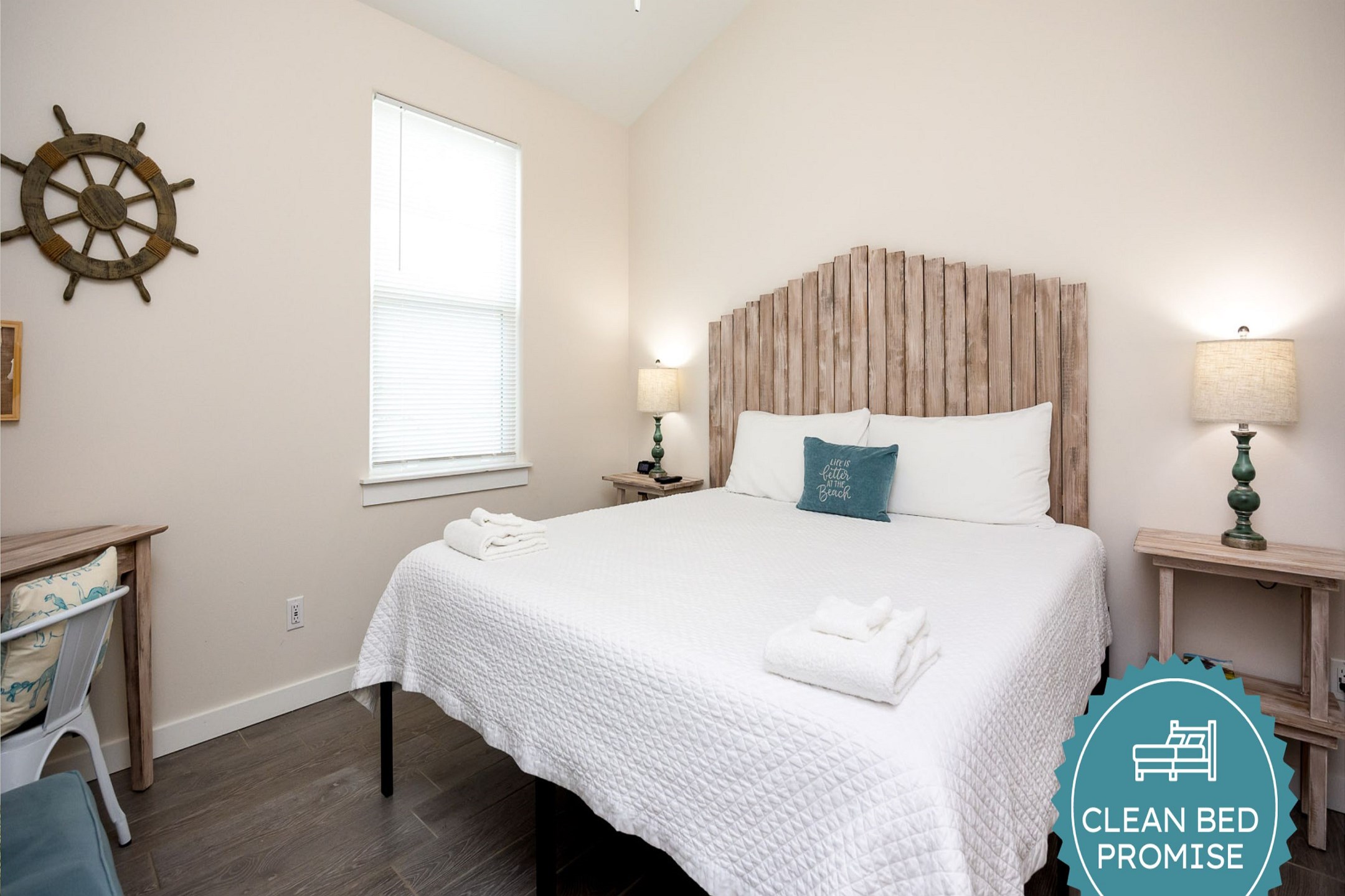 Sleep better at Padre Escapes with our exclusive Clean Bed Promise, providing fresh linens, comforters, and towels washed at high temperatures exceeding CDC recommendations, setting us apart for a truly restful vacation 