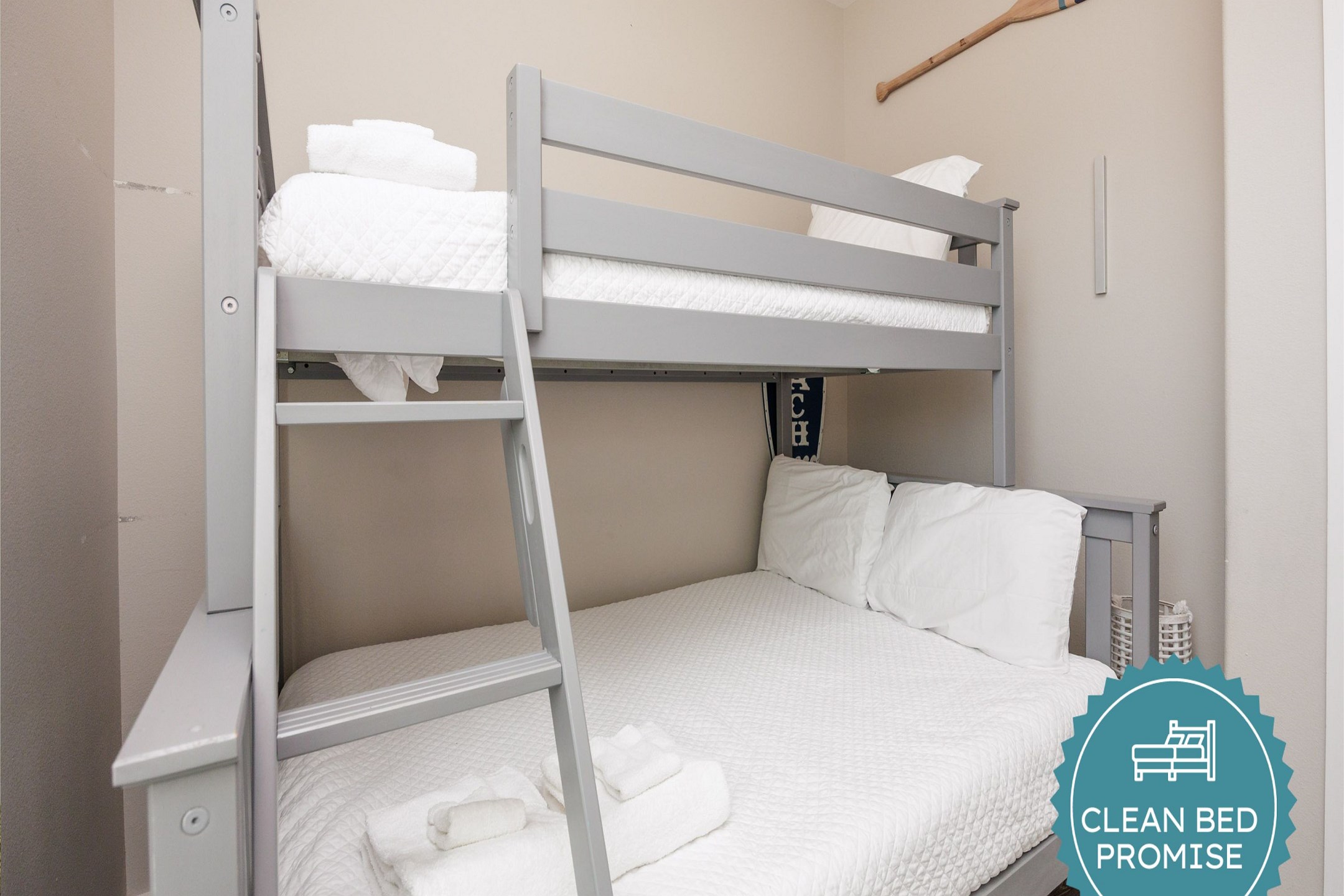 Sleep better at Padre Escapes with our exclusive Clean Bed Promise; providing fresh linens, comforters, and towels washed at high temperatures exceeding CDC recommendations, setting us apart for a truly restful vacation