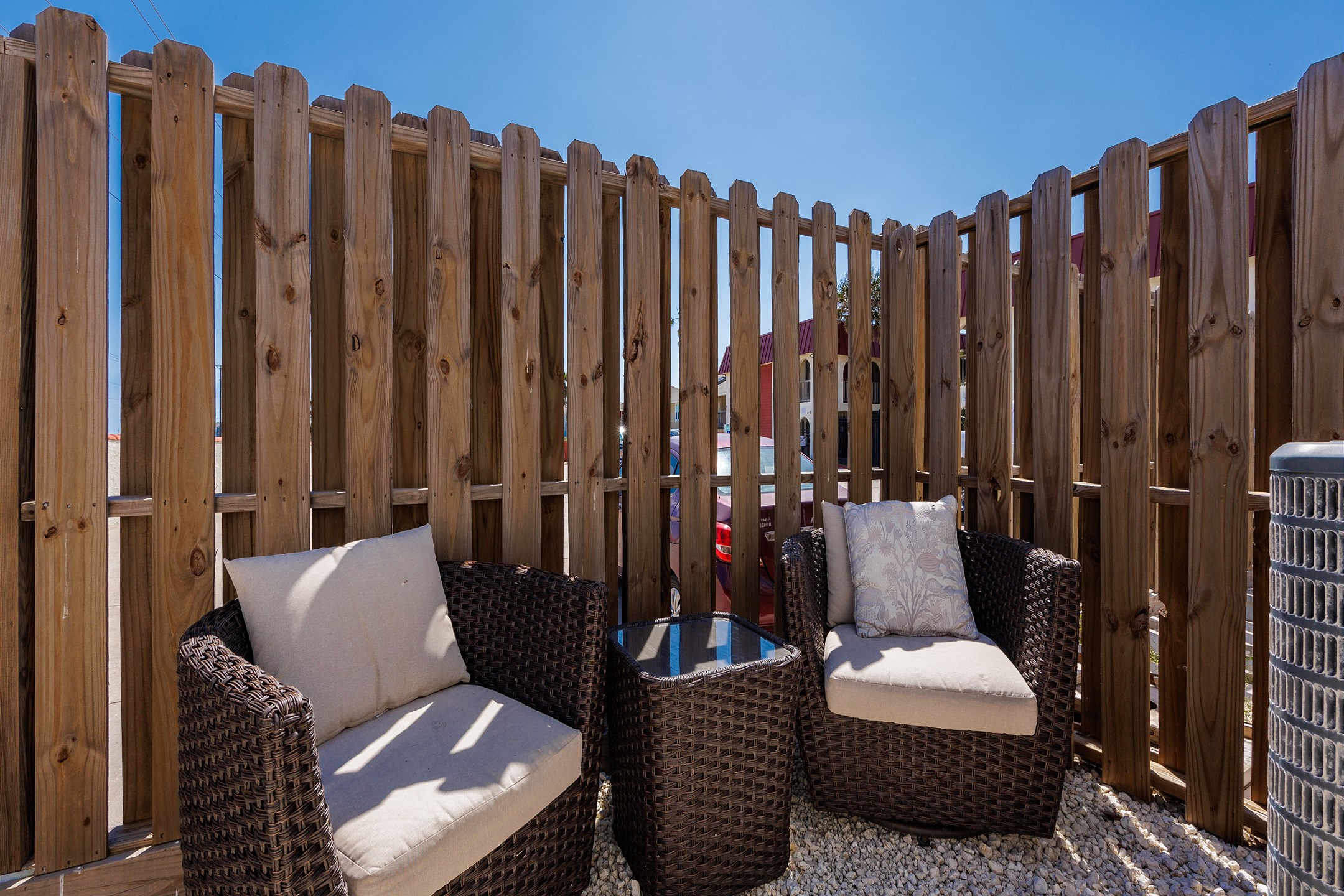 Private patio with cozy seating 