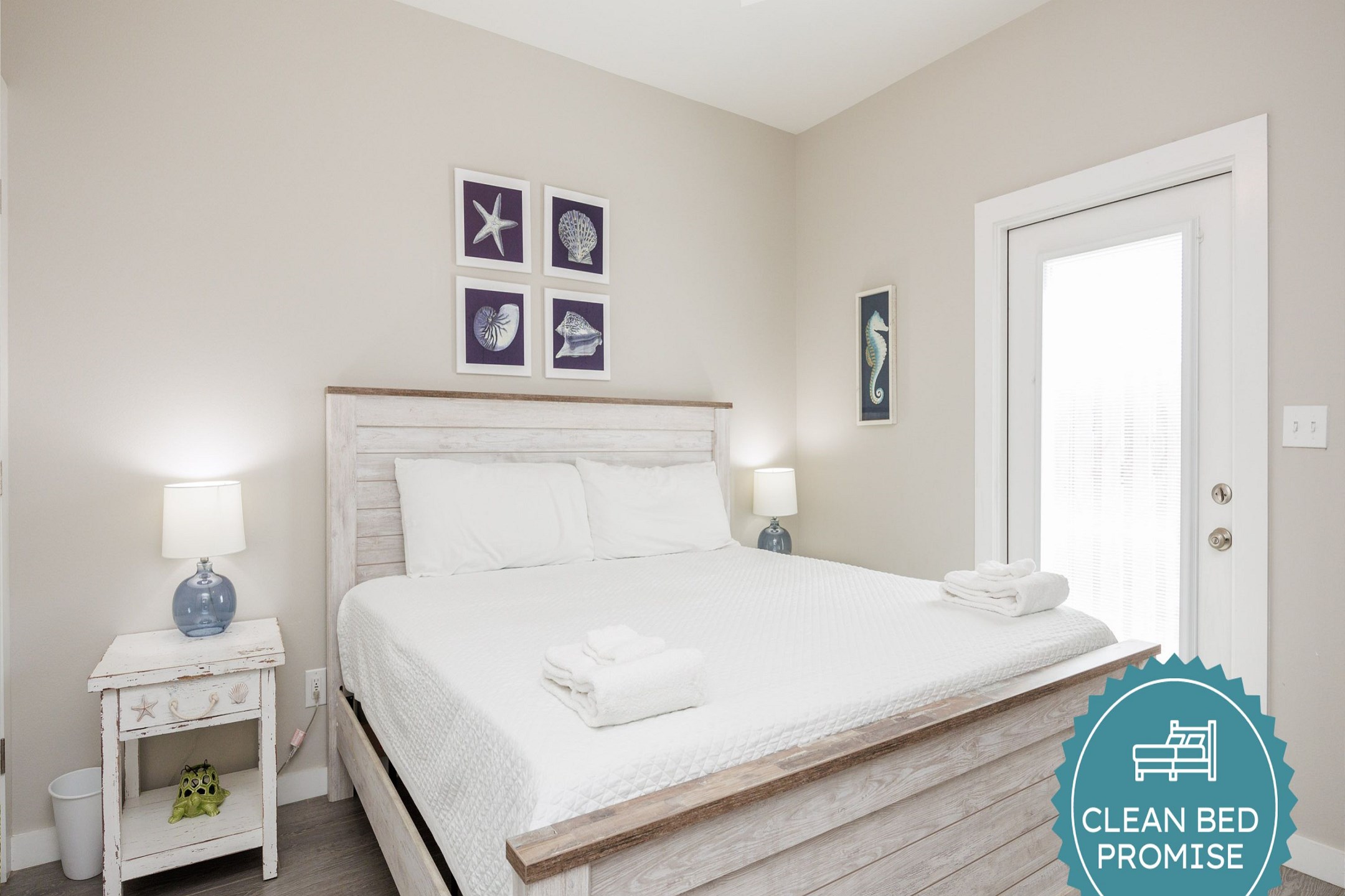 Sleep better at Padre Escapes with our exclusive Clean Bed Promise; providing fresh linens, comforters, and towels washed at high temperatures exceeding CDC recommendations, setting us apart for a truly restful vacation