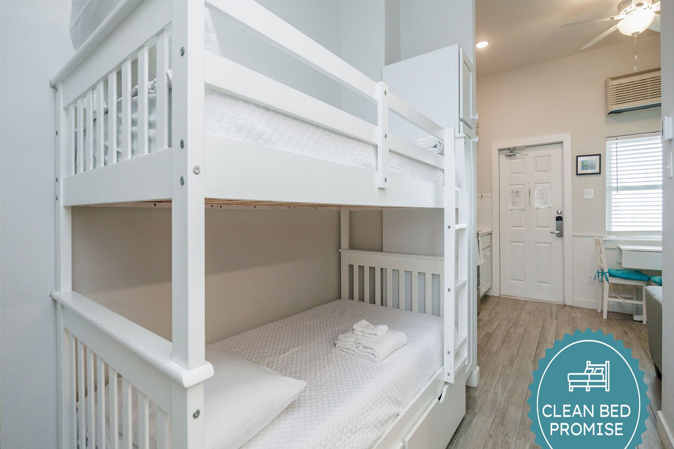 Sleep better at Padre Escapes with our exclusive Clean Bed Promise, providing fresh linens, comforters, and towels washed at high temperatures exceeding CDC recommendations, setting us apart for a truly restful vacation