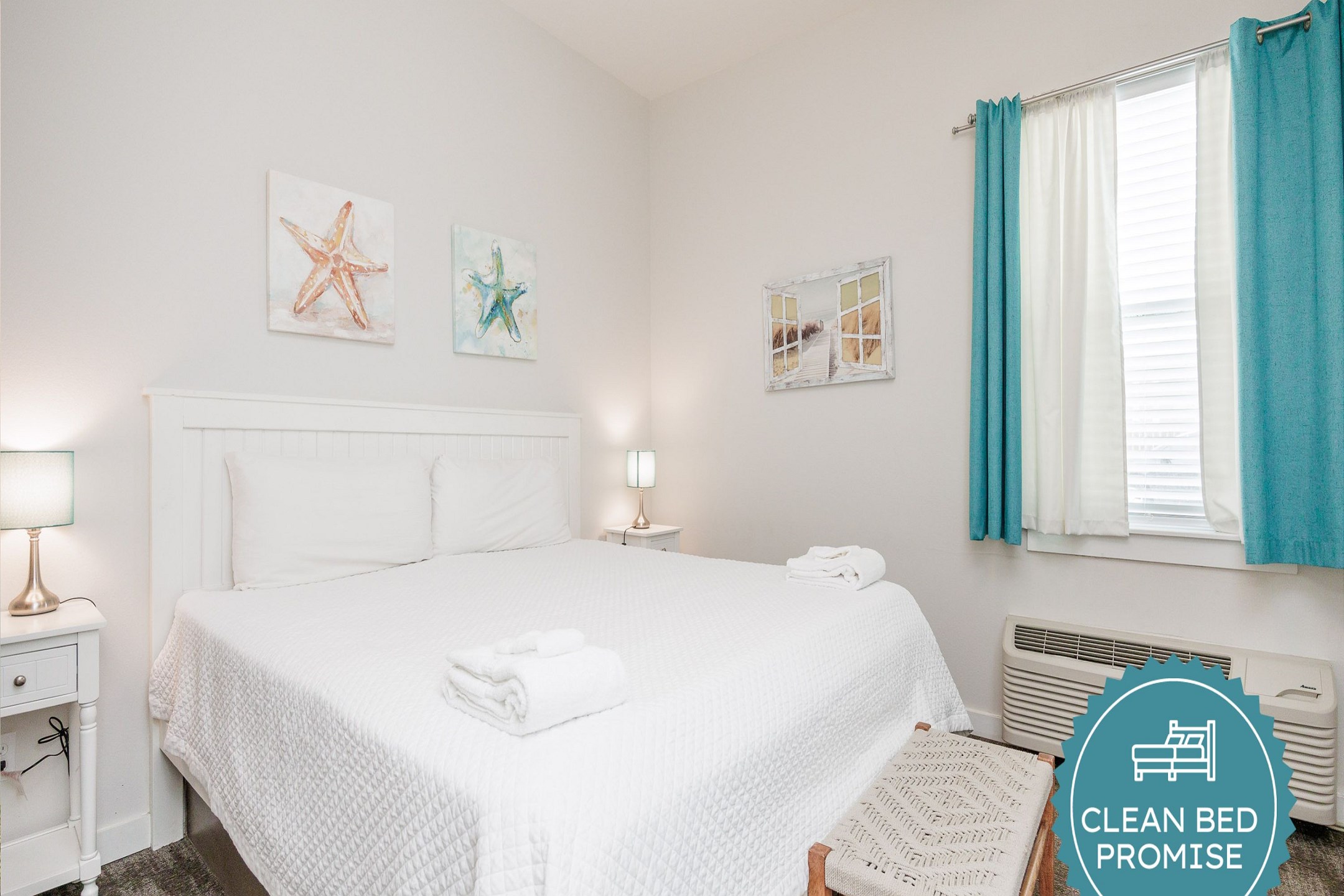 Sleep better at Padre Escapes with our exclusive Clean Bed Promise, providing fresh linens, comforters, and towels washed at high temperatures exceeding CDC recommendations, setting us apart for a truly restful vacation
