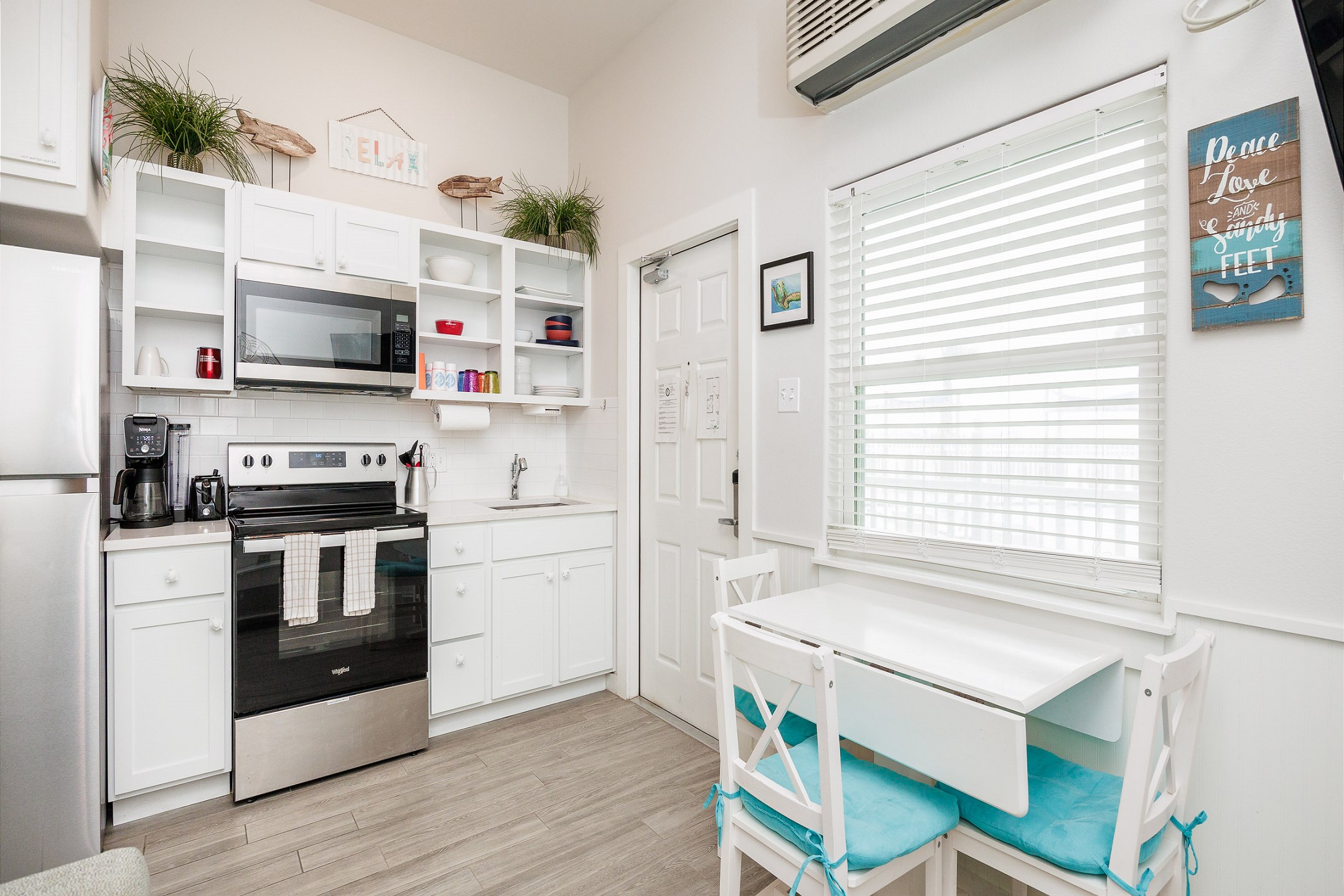 Kitchen opens up into living and dining room 