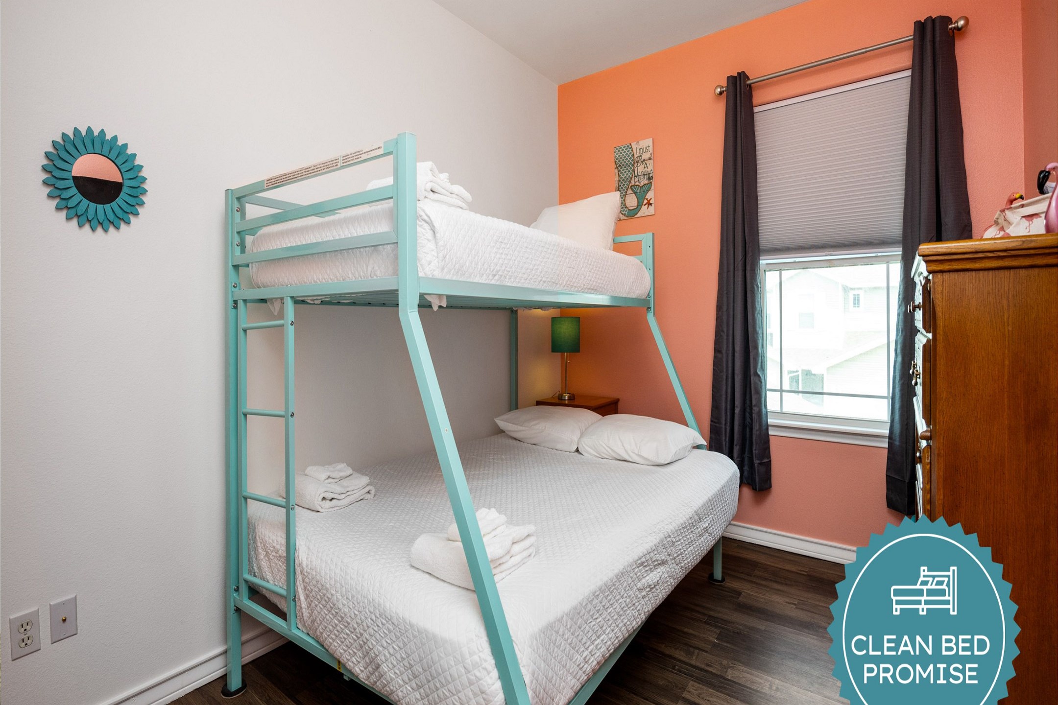Sleep better at Padre Escapes with our exclusive Clean Bed Promise; providing fresh linens, comforters, and towels washed at high temperatures exceeding CDC recommendations, setting us apart for a truly restful vacation