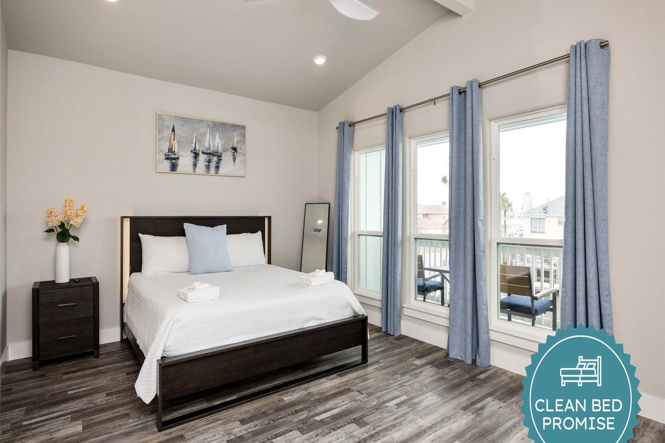 Sleep better at Padre Escapes with our exclusive Clean Bed Promise; providing fresh linens, comforters, and towels washed at high temperatures exceeding CDC recommendations, setting us apart for a truly restful vacation
