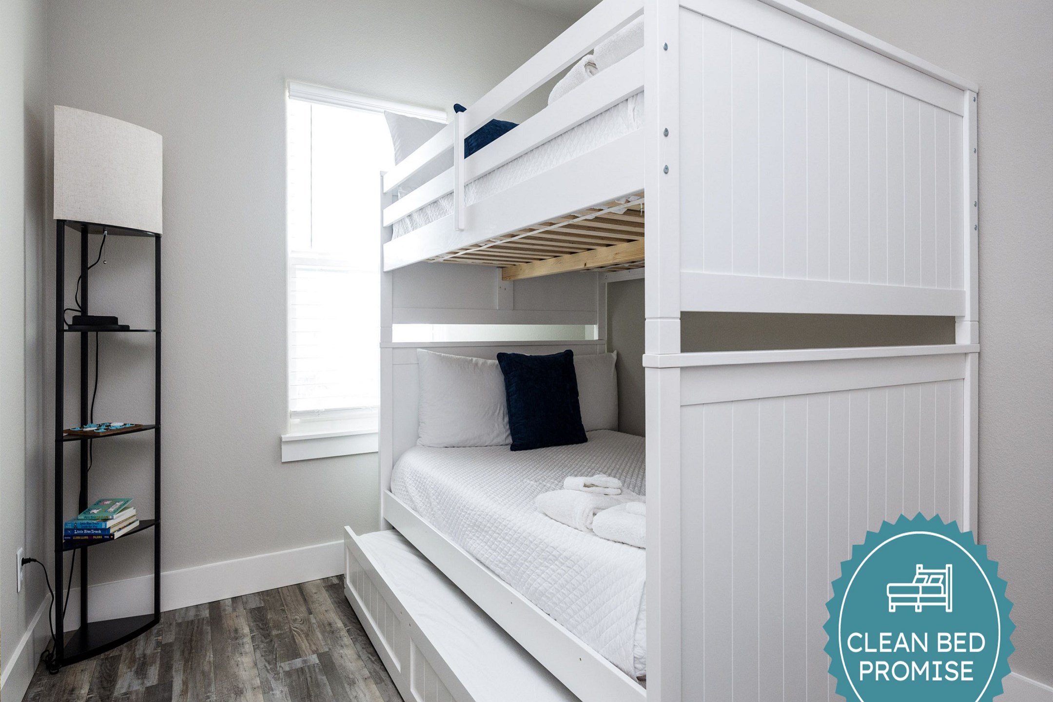 Sleep better at Padre Escapes with our exclusive Clean Bed Promise; providing fresh linens, comforters, and towels washed at high temperatures exceeding CDC recommendations, setting us apart for a truly restful vacation