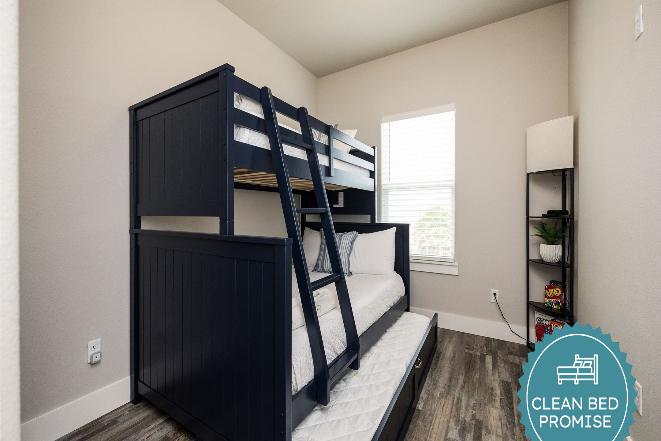 Sleep better at Padre Escapes with our exclusive Clean Bed Promise; providing fresh linens, comforters, and towels washed at high temperatures exceeding CDC recommendations, setting us apart for a truly restful vacation