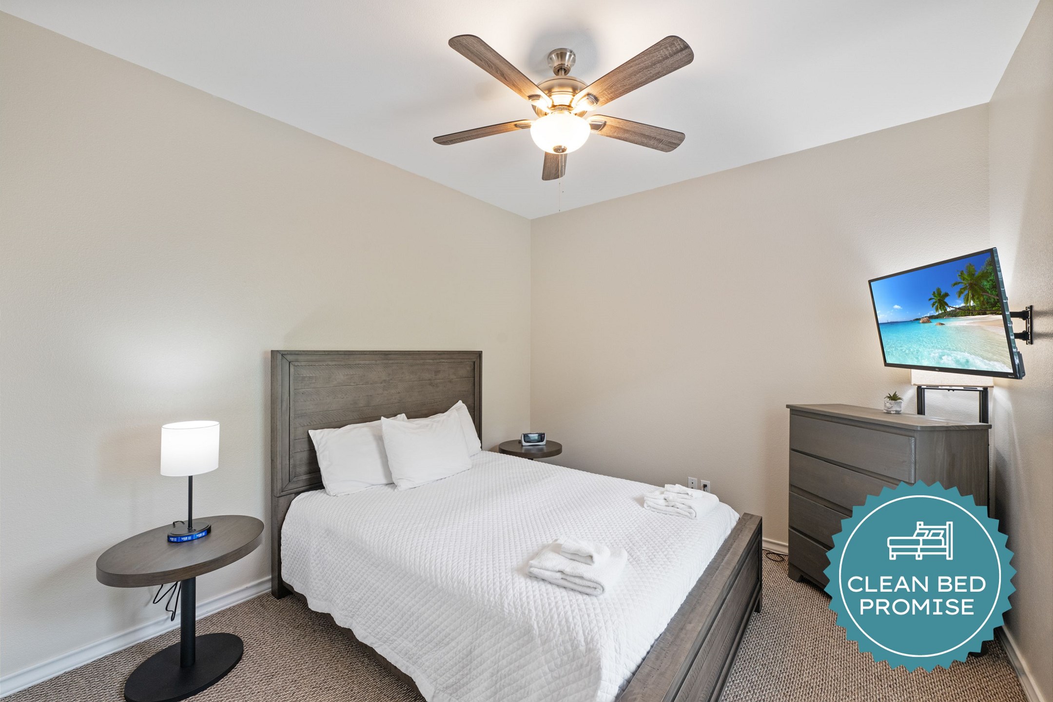 Sleep better at Padre Escapes with our exclusive Clean Bed Promise; providing fresh linens, comforters, and towels washed at high temperatures exceeding CDC recommendations, setting us apart for a truly restful vacation