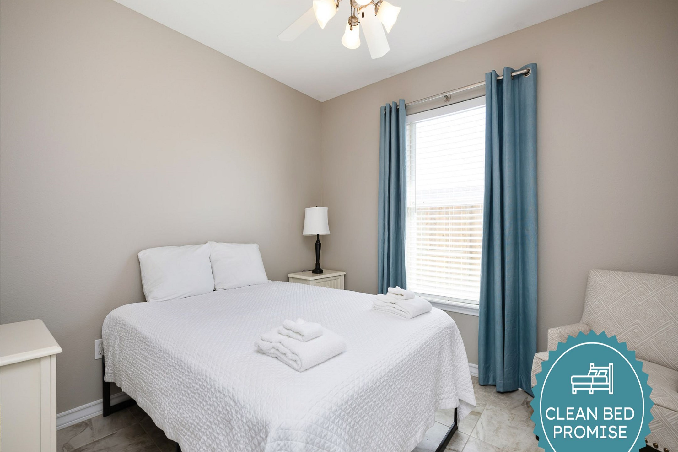 Sleep better at Padre Escapes with our exclusive Clean Bed Promise, providing fresh linens, comforters, and towels washed at high temperatures exceeding CDC recommendations, setting us apart for a truly restful vacation   