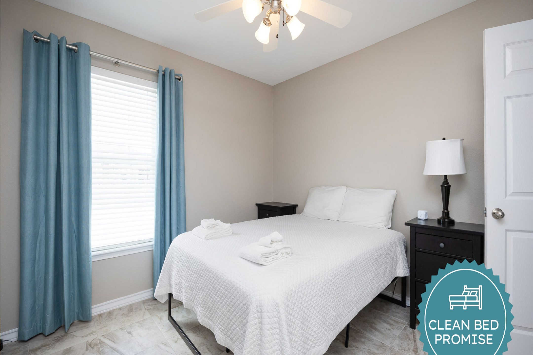 Sleep better at Padre Escapes with our exclusive Clean Bed Promise, providing fresh linens, comforters, and towels washed at high temperatures exceeding CDC recommendations, setting us apart for a truly restful vacation   