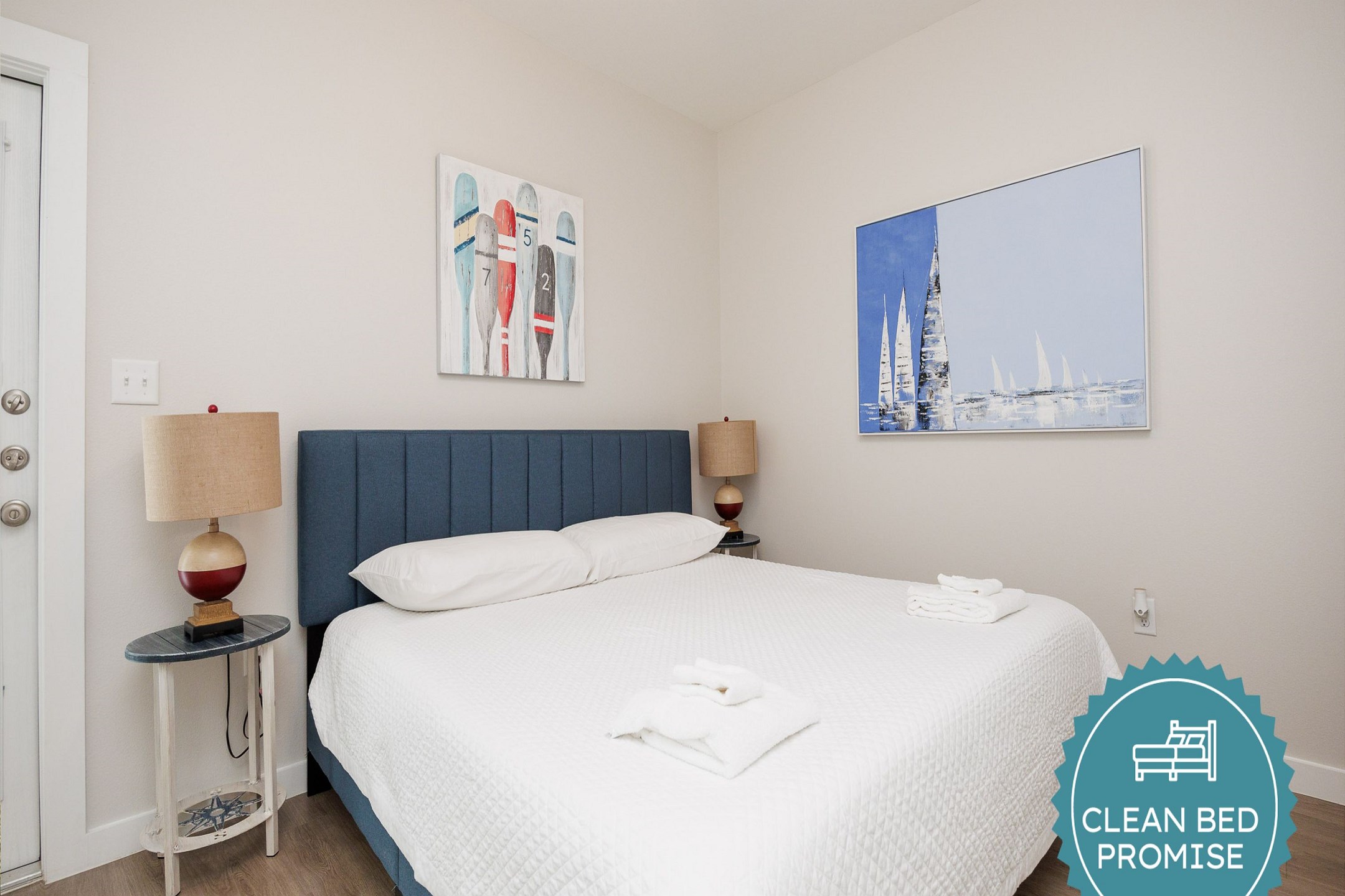 Sleep better at Padre Escapes with our exclusive Clean Bed Promise; providing fresh linens, comforters, and towels washed at high temperatures exceeding CDC recommendations, setting us apart for a truly restful vacation