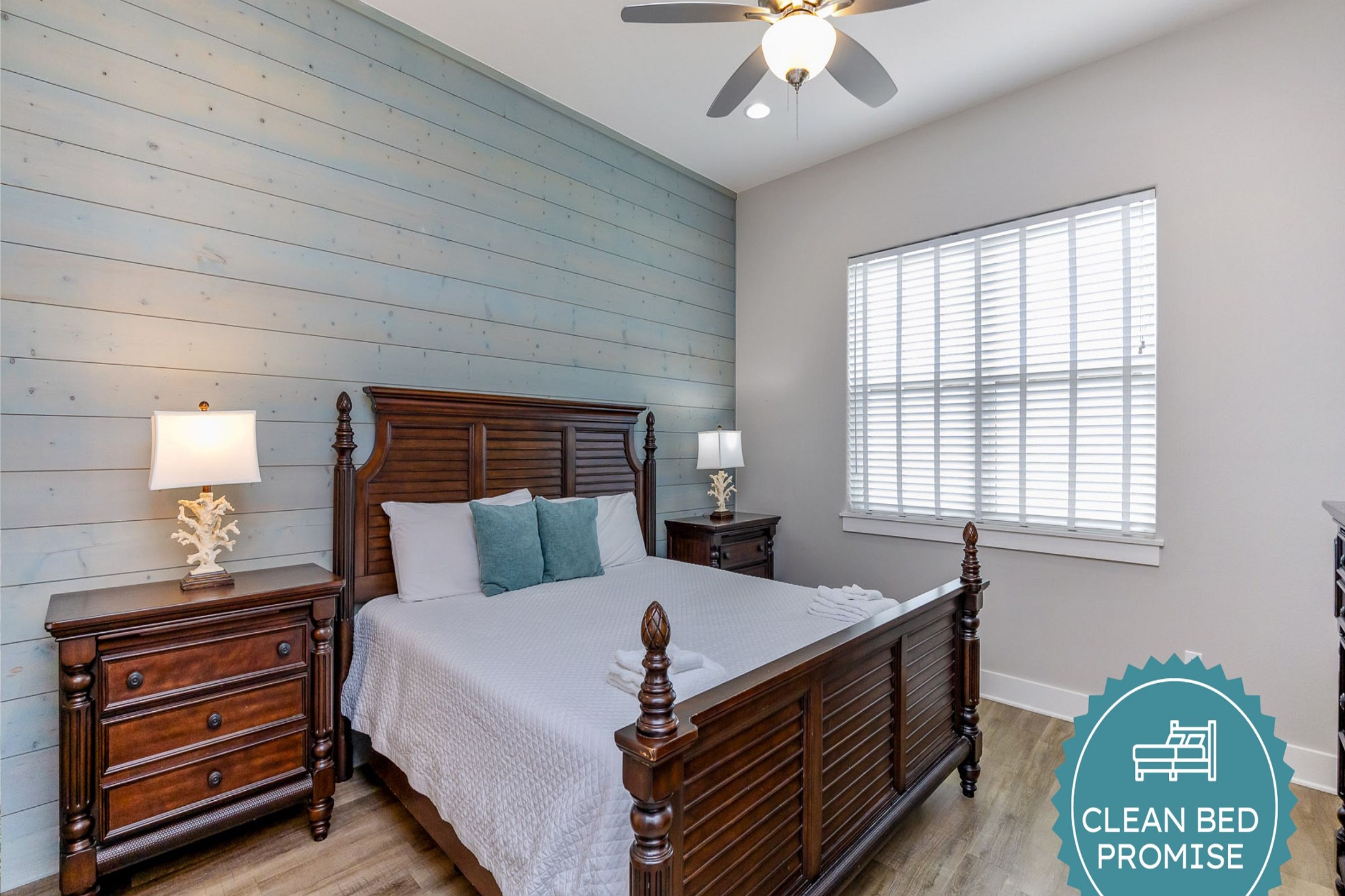 Sleep better at Padre Escapes with our exclusive Clean Bed Promise, providing fresh linens, comforters, and towels washed at high temperatures exceeding CDC recommendations, setting us apart for a truly restful vacation 