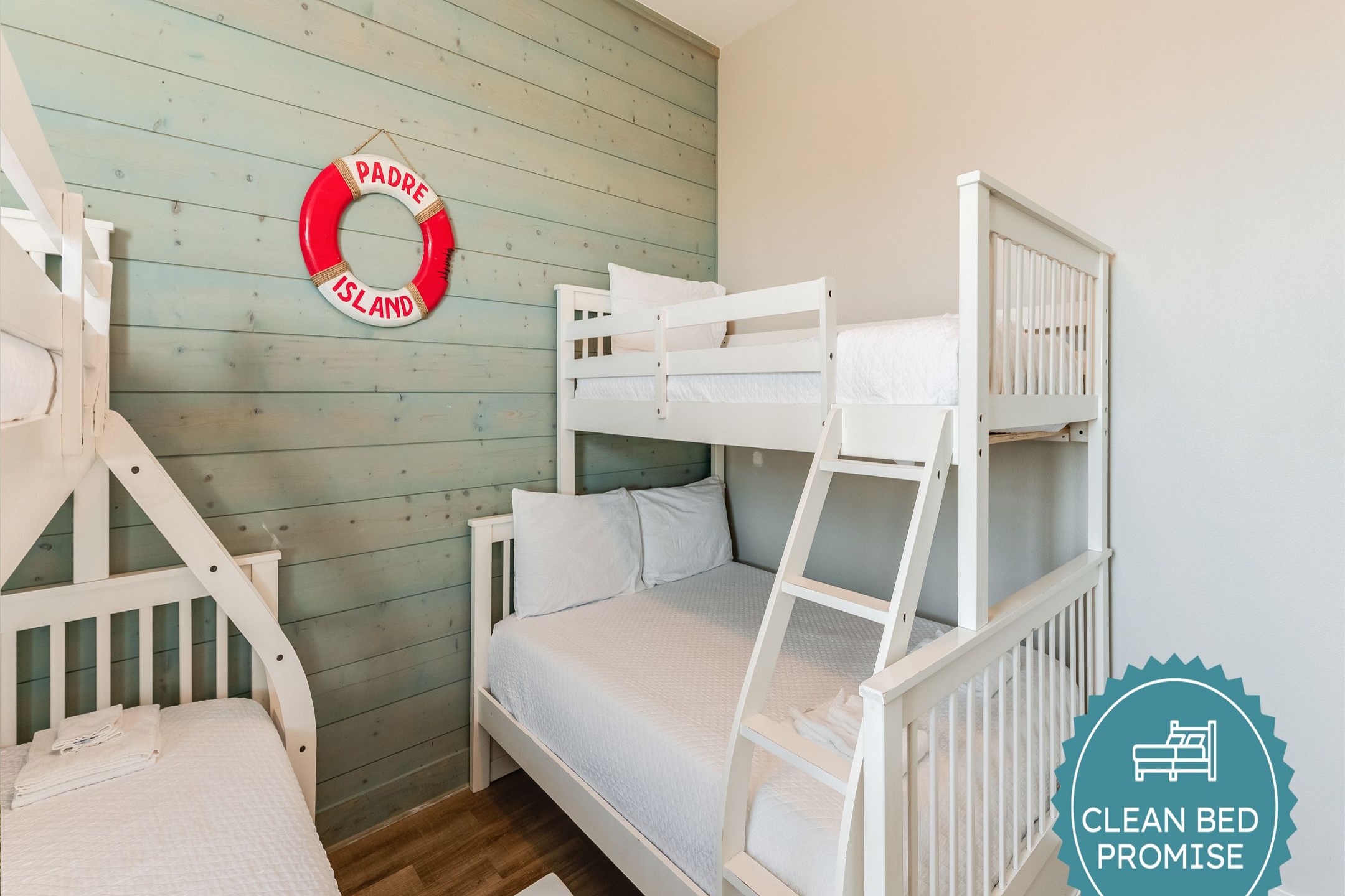 Sleep better at Padre Escapes with our exclusive Clean Bed Promise, providing fresh linens, comforters, and towels washed at high temperatures exceeding CDC recommendations, setting us apart for a truly restful vacation 