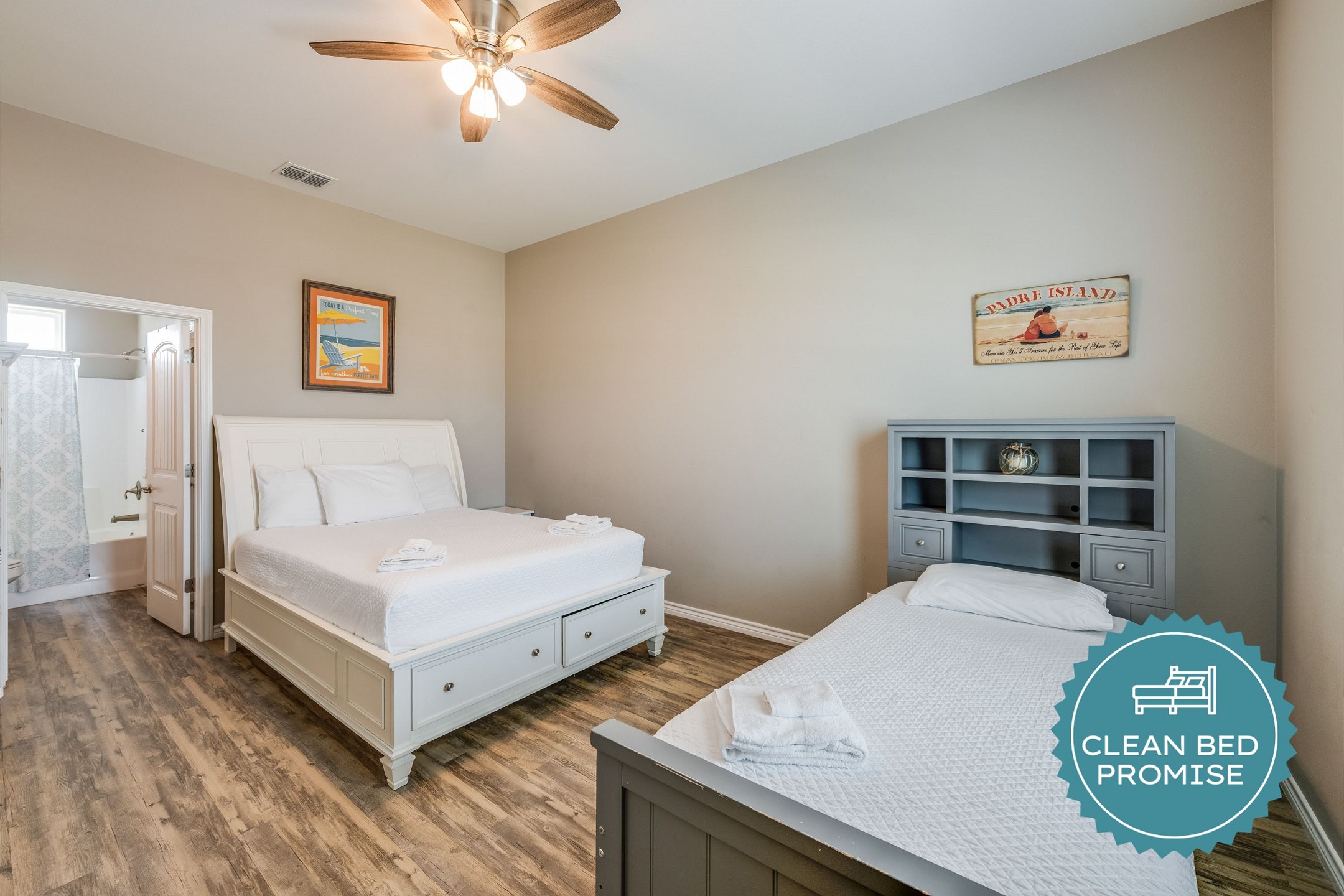 Sleep better at Padre Escapes with our exclusive Clean Bed Promise, providing fresh linens, comforters, and towels washed at high temperatures exceeding CDC recommendations, setting us apart for a truly restful vacation 