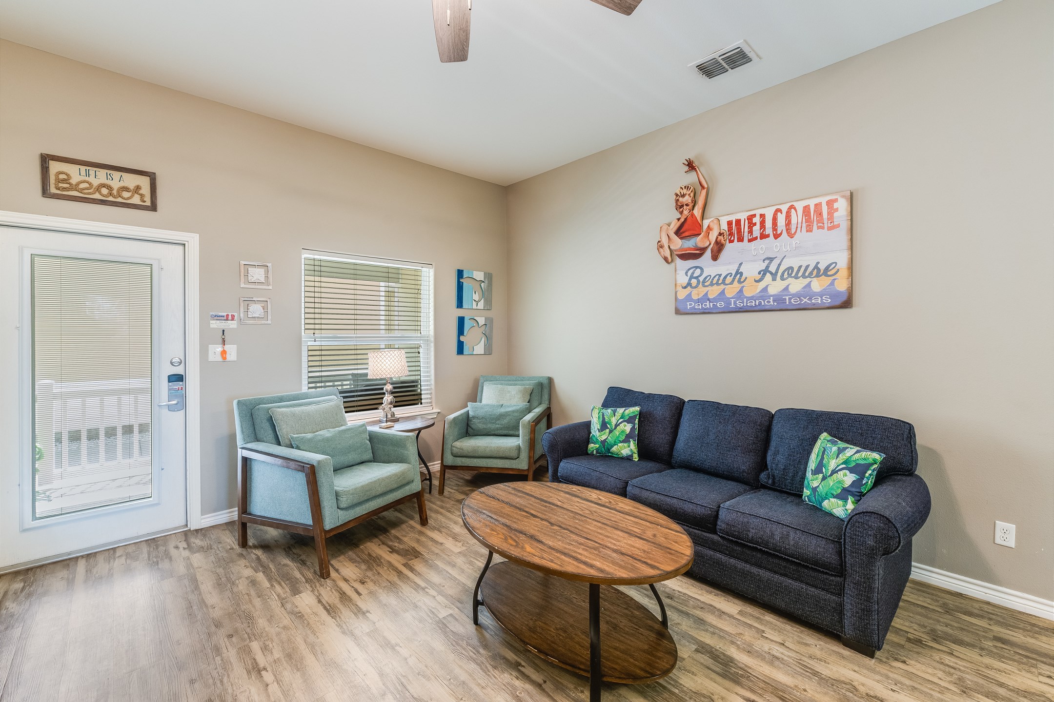 Comfortable gathering space designed for relaxation after a day at the beach