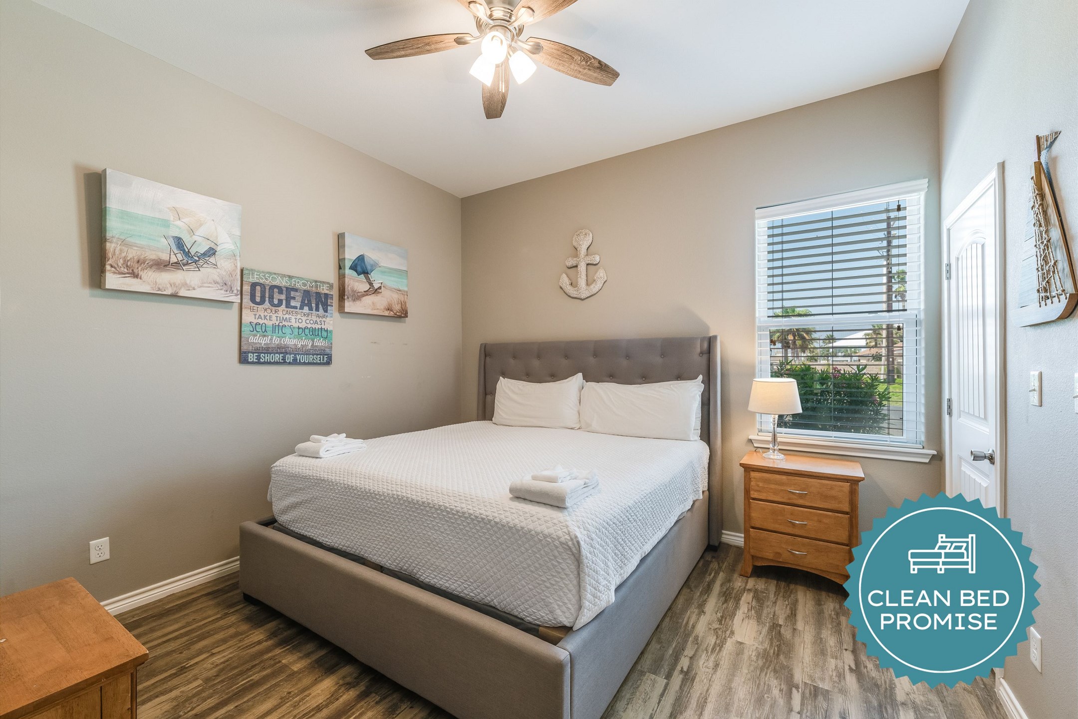 Sleep better at Padre Escapes with our exclusive Clean Bed Promise, providing fresh linens, comforters, and towels washed at high temperatures exceeding CDC recommendations, setting us apart for a truly restful vacation 