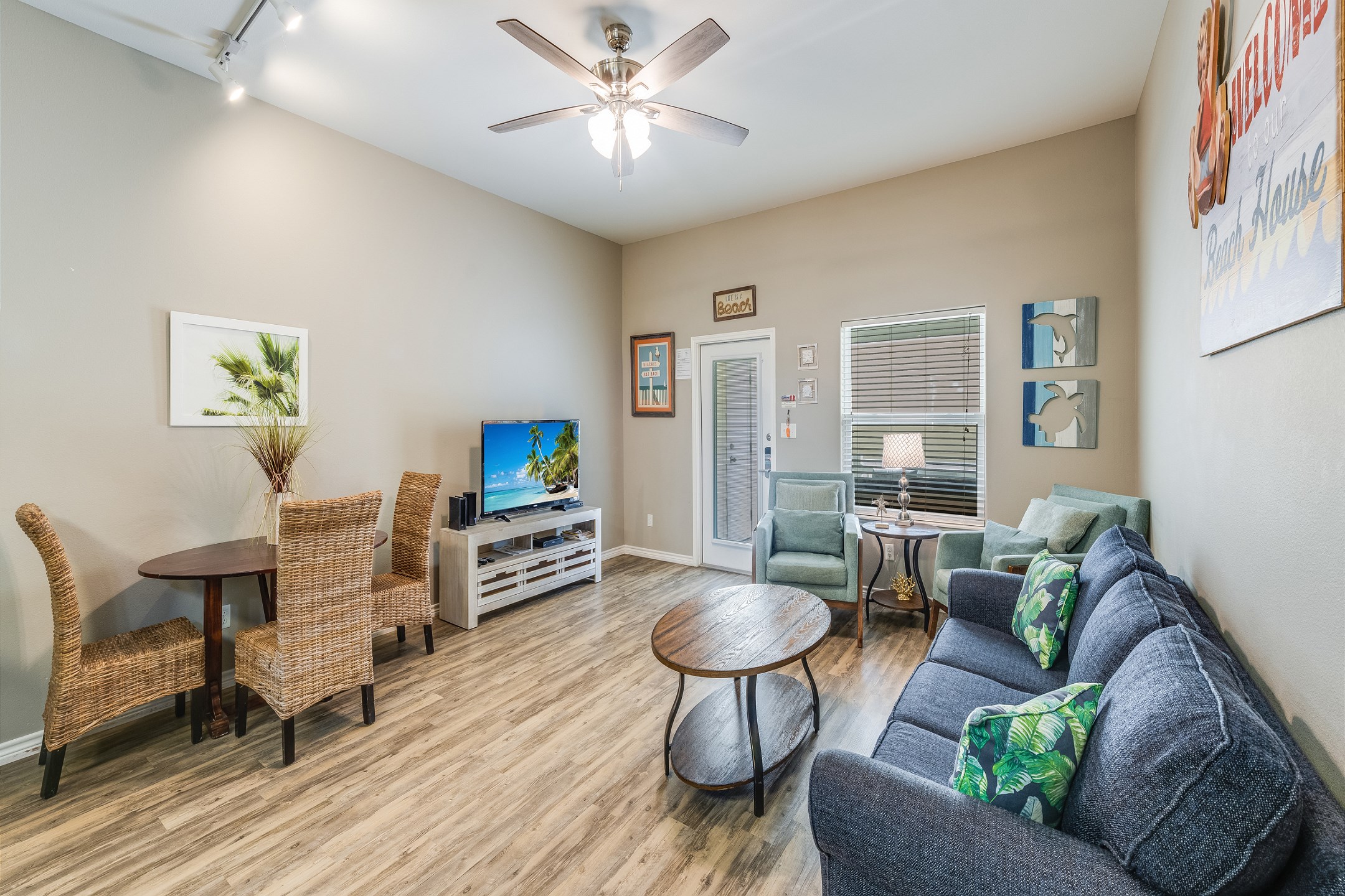 Relax in the living space and enjoy the entertainment center with flat-screen TV and streaming services