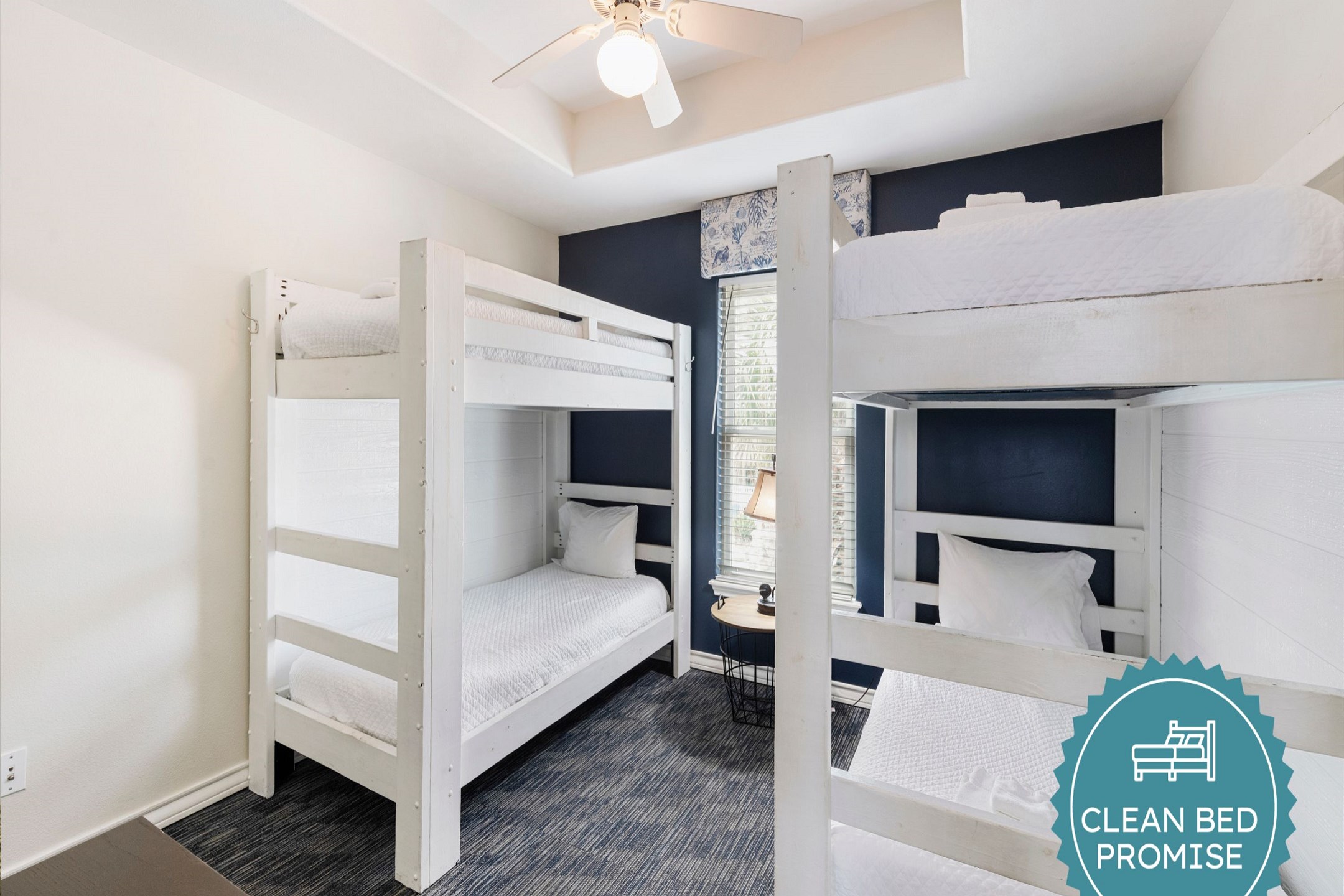 Sleep better at Padre Escapes with our exclusive Clean Bed Promise, providing fresh linens, comforters, and towels washed at high temperatures exceeding CDC recommendations, setting us apart for a truly restful vacation 
