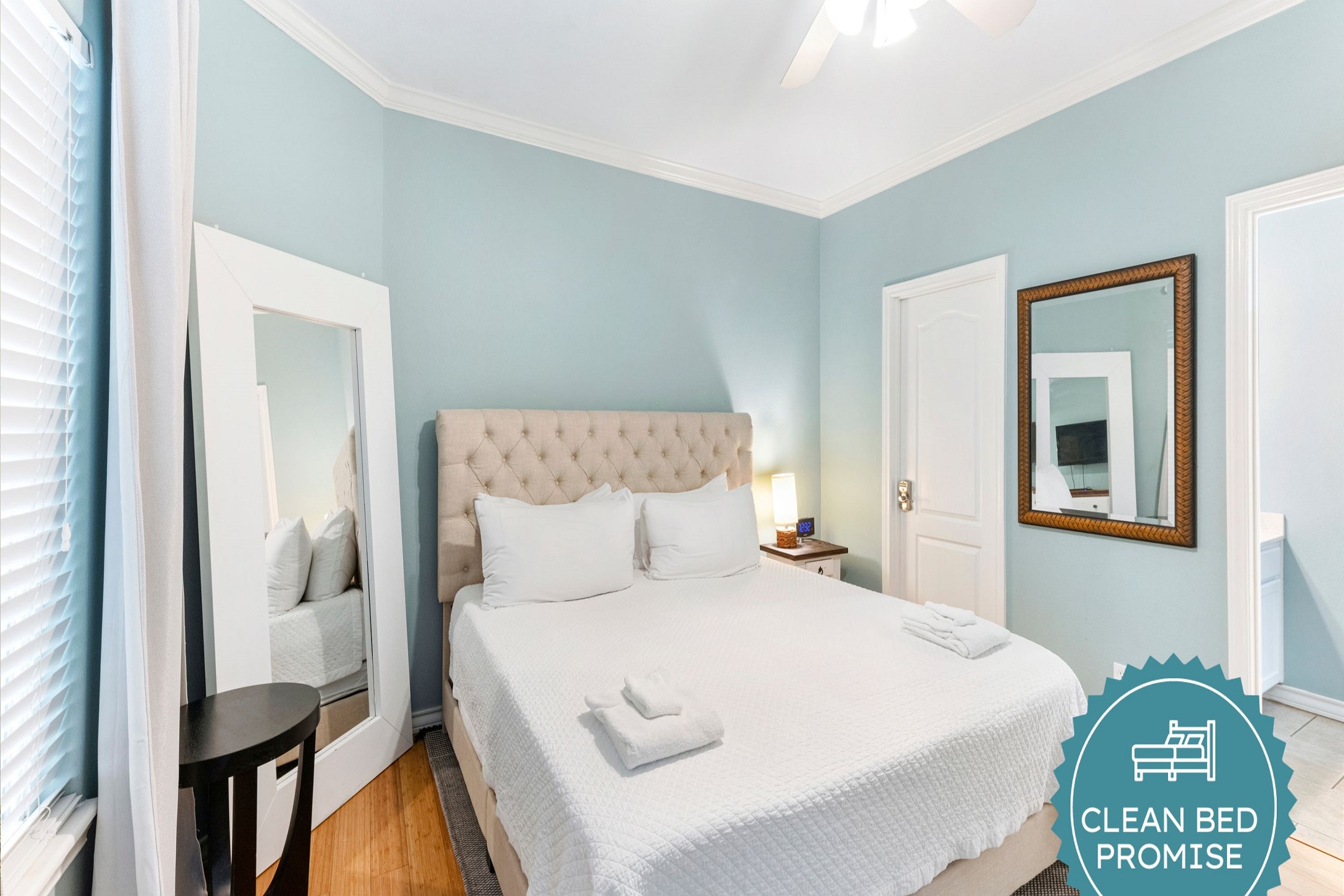 Sleep better at Padre Escapes with our exclusive Clean Bed Promise, providing fresh linens, comforters, and towels washed at high temperatures exceeding CDC recommendations, setting us apart for a truly restful vacation 
