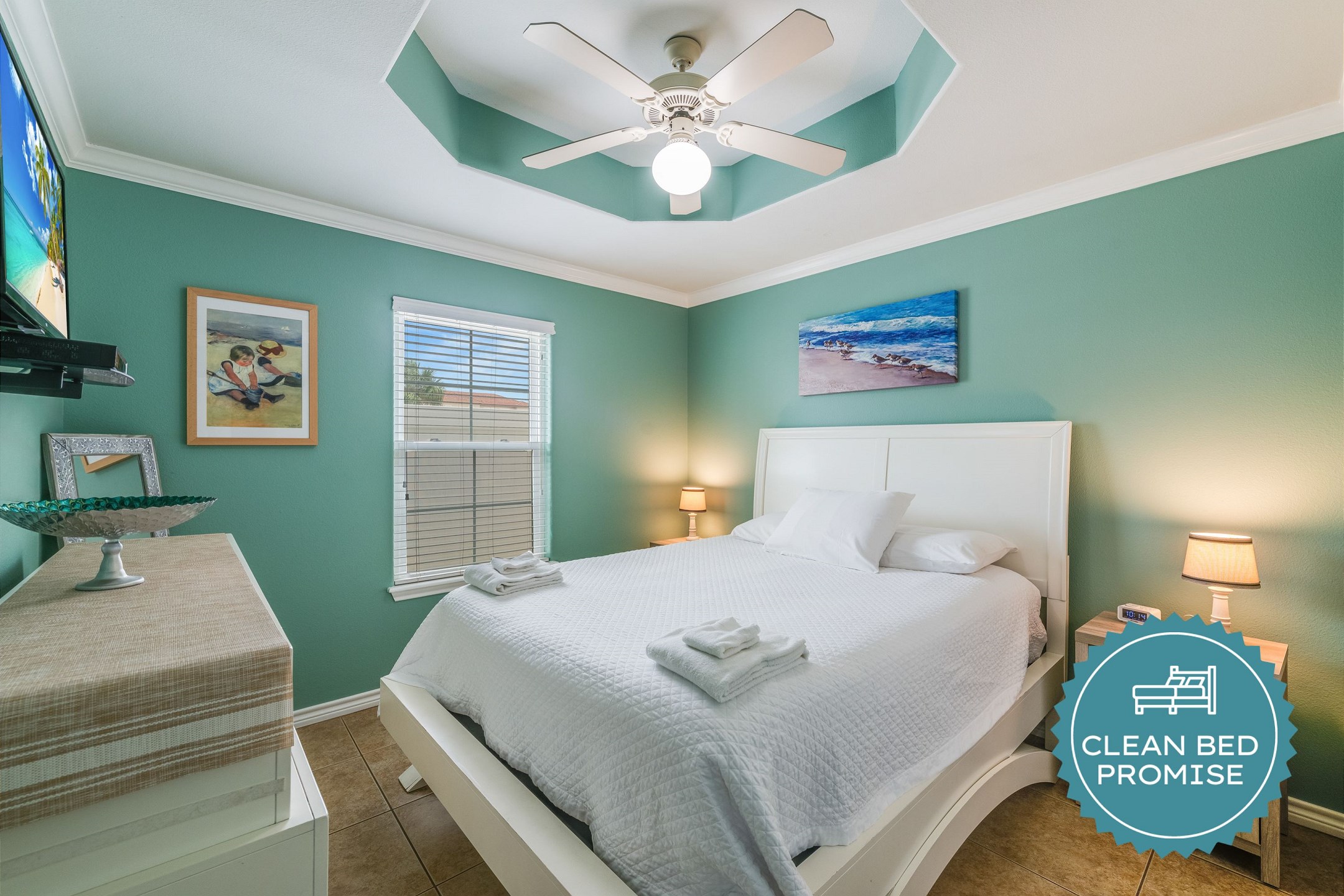 Sleep better at Padre Escapes with our exclusive Clean Bed Promise, providing fresh linens, comforters, and towels washed at high temperatures exceeding CDC recommendations, setting us apart for a truly restful vacation 