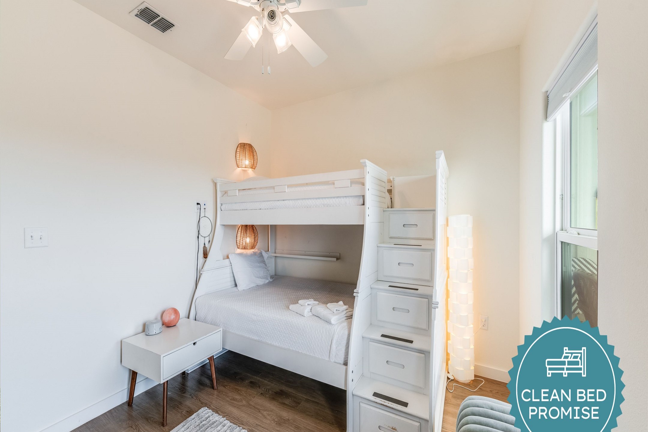Sleep better at Padre Escapes with our exclusive Clean Bed Promise; providing fresh linens, comforters, and towels washed at high temperatures exceeding CDC recommendations, setting us apart for a truly restful vacation
