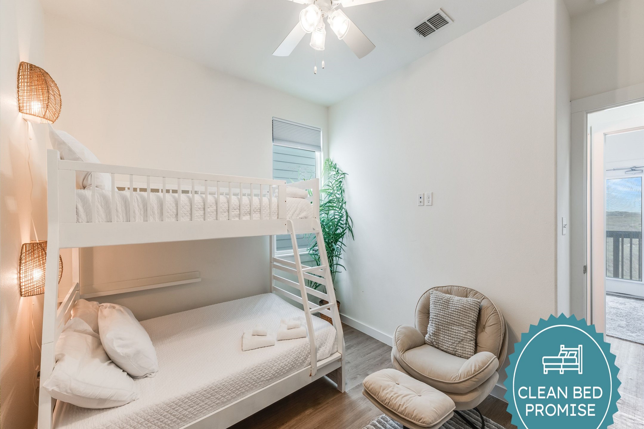 Sleep better at Padre Escapes with our exclusive Clean Bed Promise; providing fresh linens, comforters, and towels washed at high temperatures exceeding CDC recommendations, setting us apart for a truly restful vacation