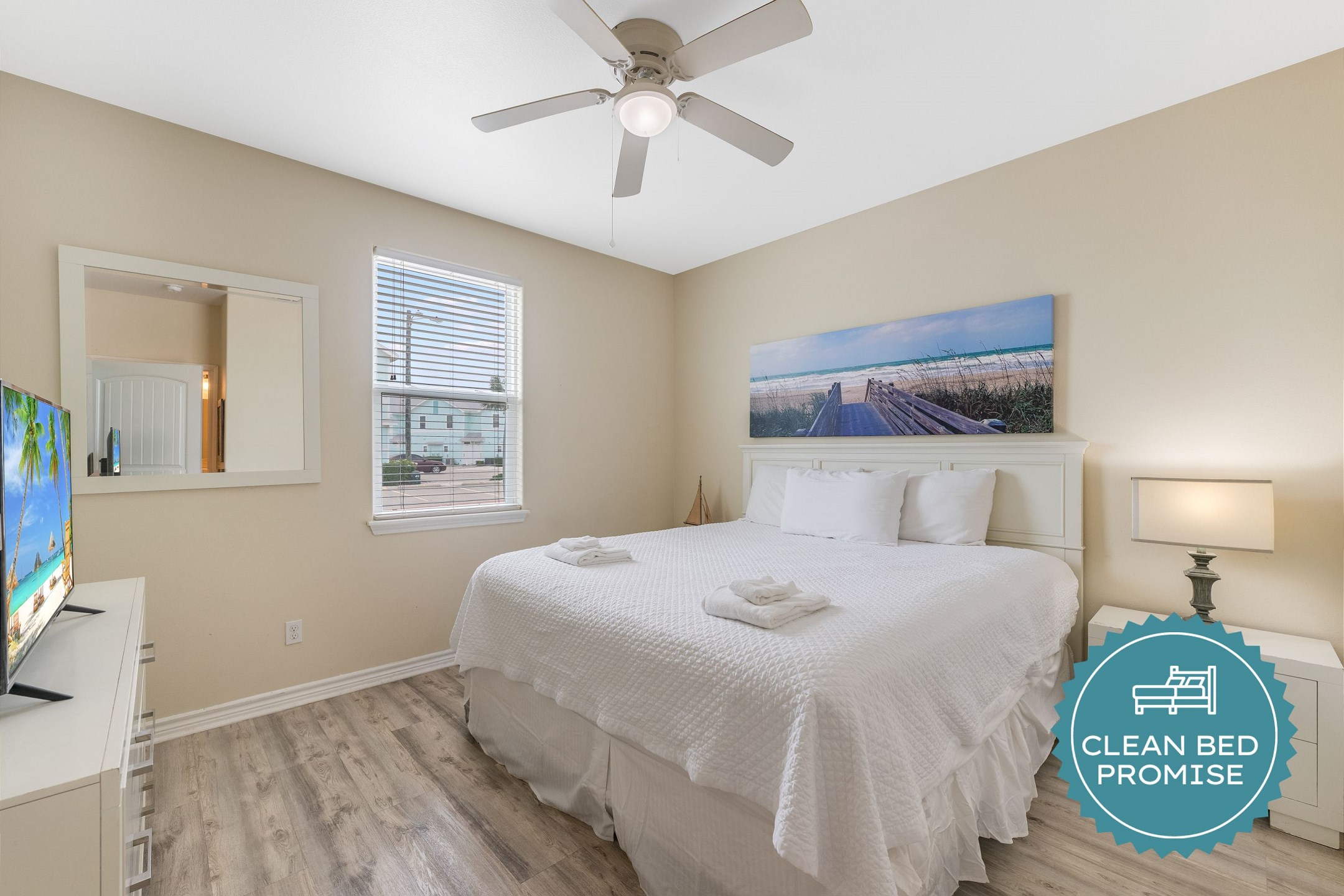 Sleep better at Padre Escapes with our exclusive Clean Bed Promise; providing fresh linens, comforters, and towels washed at high temperatures exceeding CDC recommendations, setting us apart for a truly restful vacation