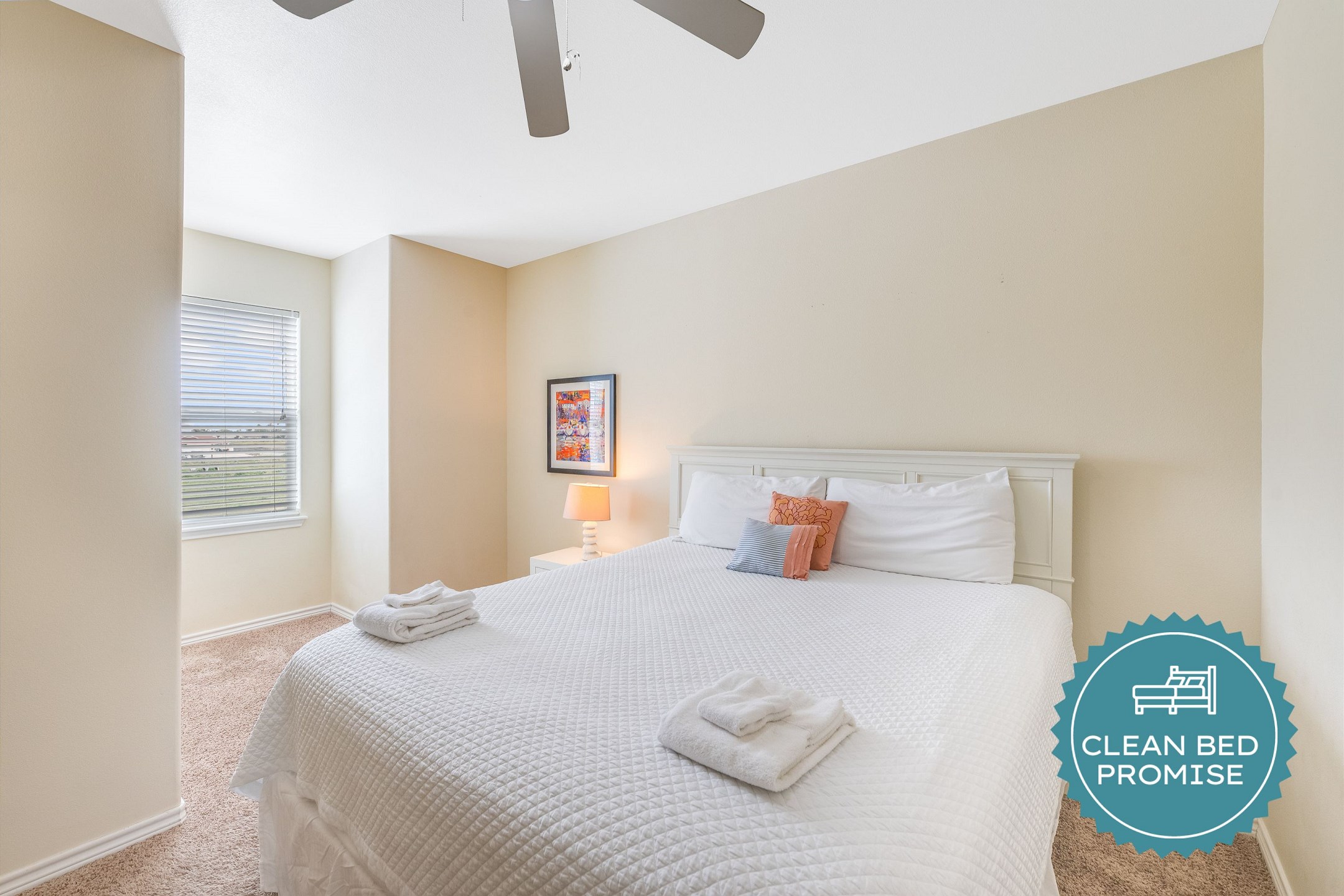 Sleep better at Padre Escapes with our exclusive Clean Bed Promise; providing fresh linens, comforters, and towels washed at high temperatures exceeding CDC recommendations, setting us apart for a truly restful vacation