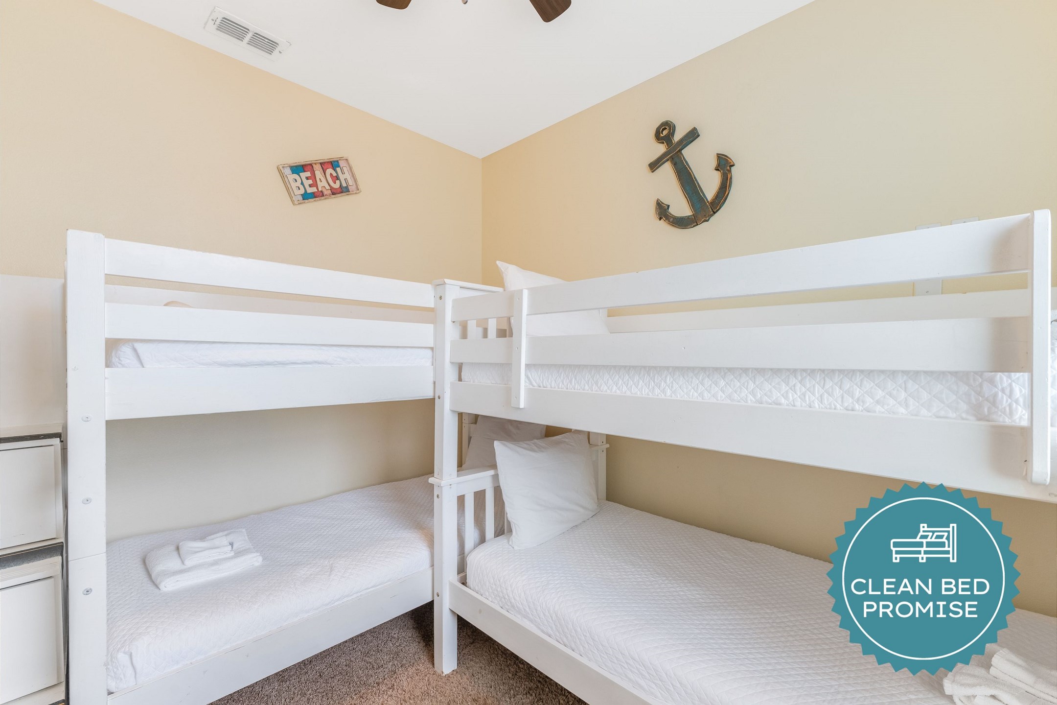 Sleep better at Padre Escapes with our exclusive Clean Bed Promise; providing fresh linens, comforters, and towels washed at high temperatures exceeding CDC recommendations, setting us apart for a truly restful vacation
