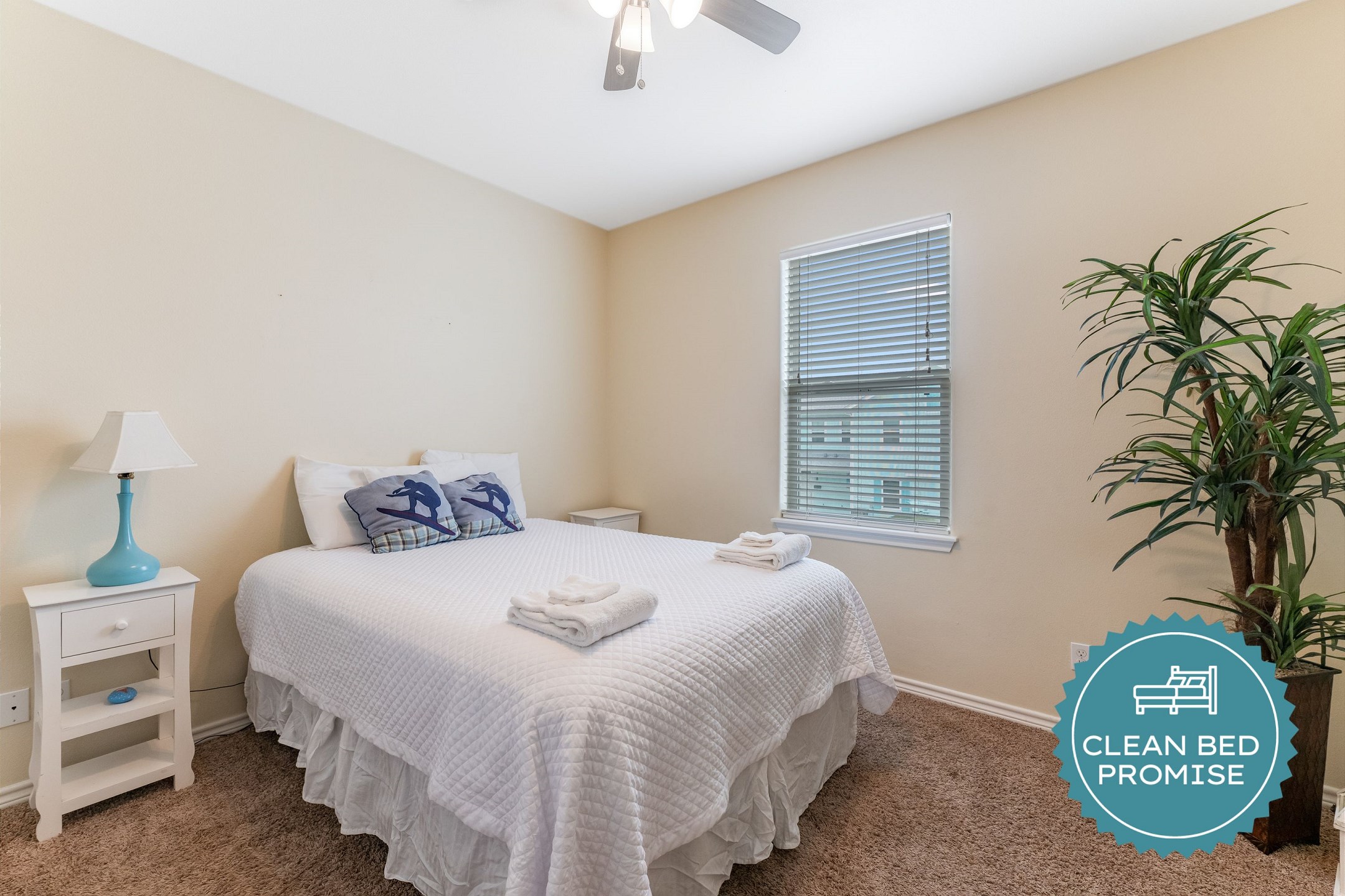 Sleep better at Padre Escapes with our exclusive Clean Bed Promise; providing fresh linens, comforters, and towels washed at high temperatures exceeding CDC recommendations, setting us apart for a truly restful vacation