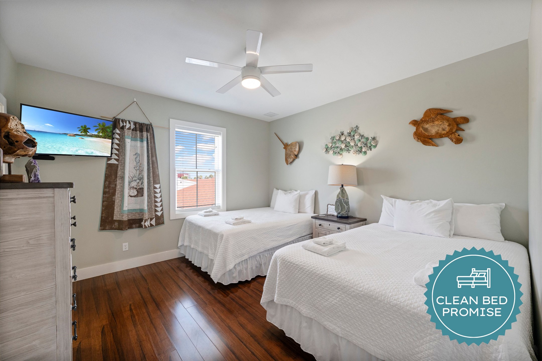 Sleep better at Padre Escapes with our exclusive Clean Bed Promise; providing fresh linens, comforters, and towels washed at high temperatures exceeding CDC recommendations, setting us apart for a truly restful vacation