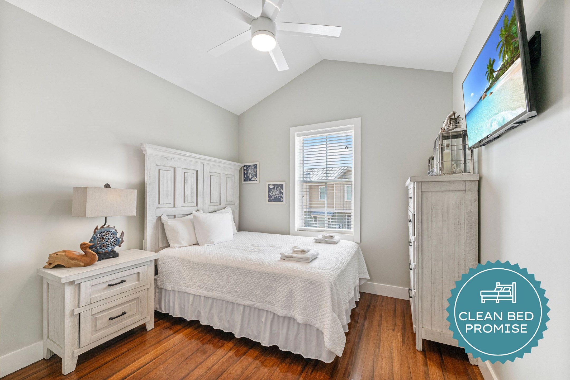 Sleep better at Padre Escapes with our exclusive Clean Bed Promise; providing fresh linens, comforters, and towels washed at high temperatures exceeding CDC recommendations, setting us apart for a truly restful vacation