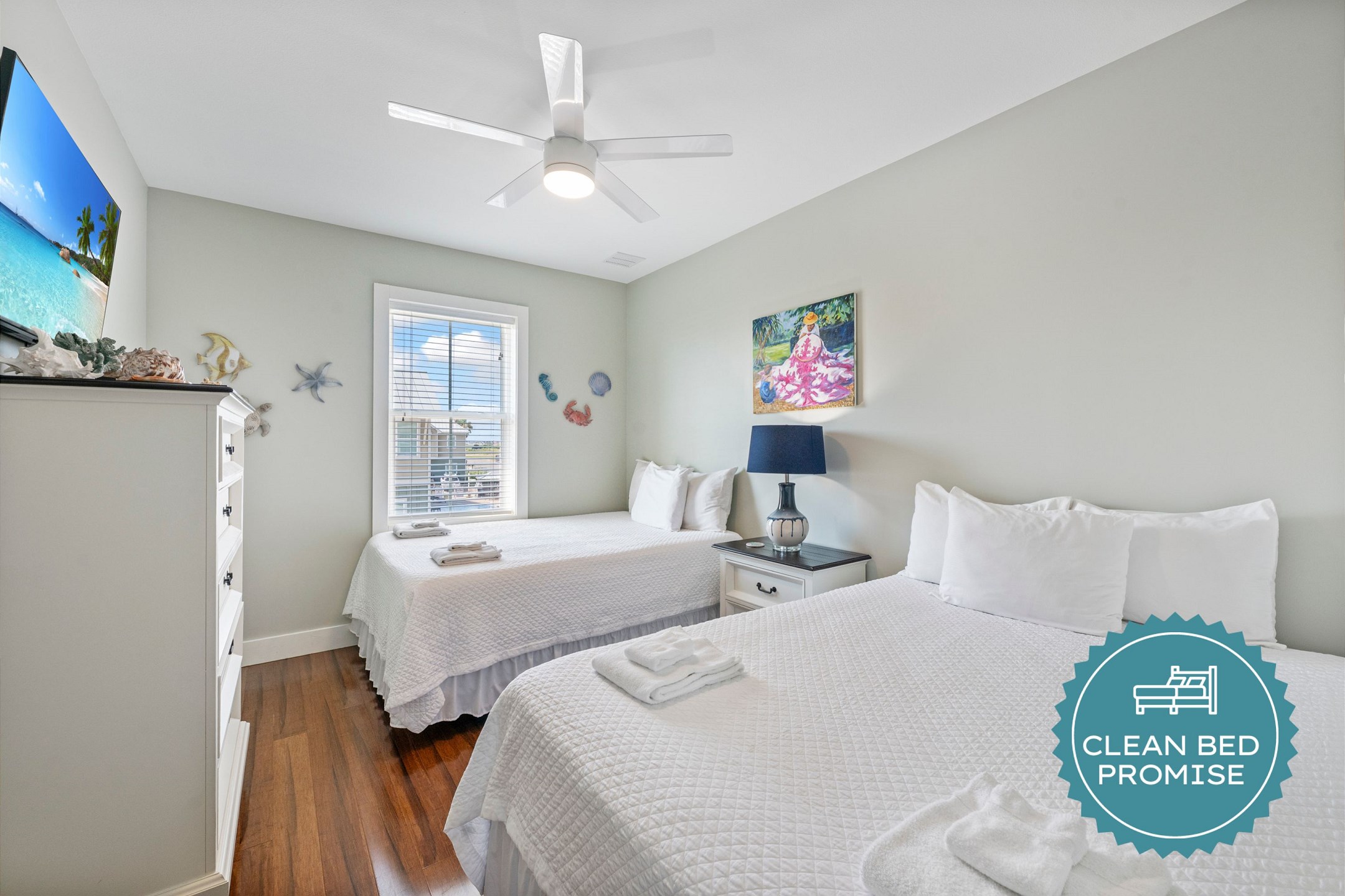 Sleep better at Padre Escapes with our exclusive Clean Bed Promise; providing fresh linens, comforters, and towels washed at high temperatures exceeding CDC recommendations, setting us apart for a truly restful vacation
