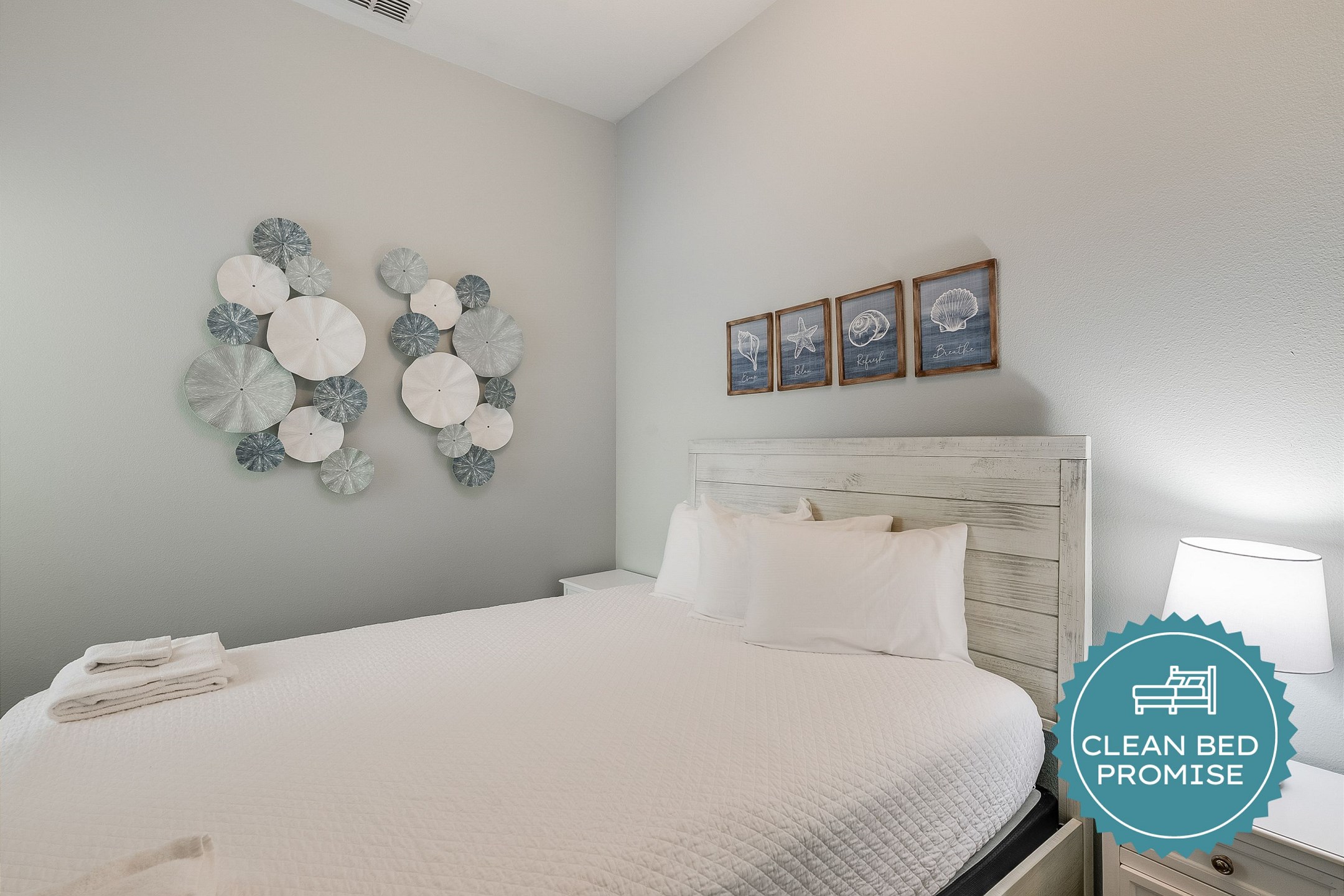 Sleep better at Padre Escapes with our exclusive Clean Bed Promise; providing fresh linens, comforters, and towels washed at high temperatures exceeding CDC recommendations, setting us apart for a truly restful vacation