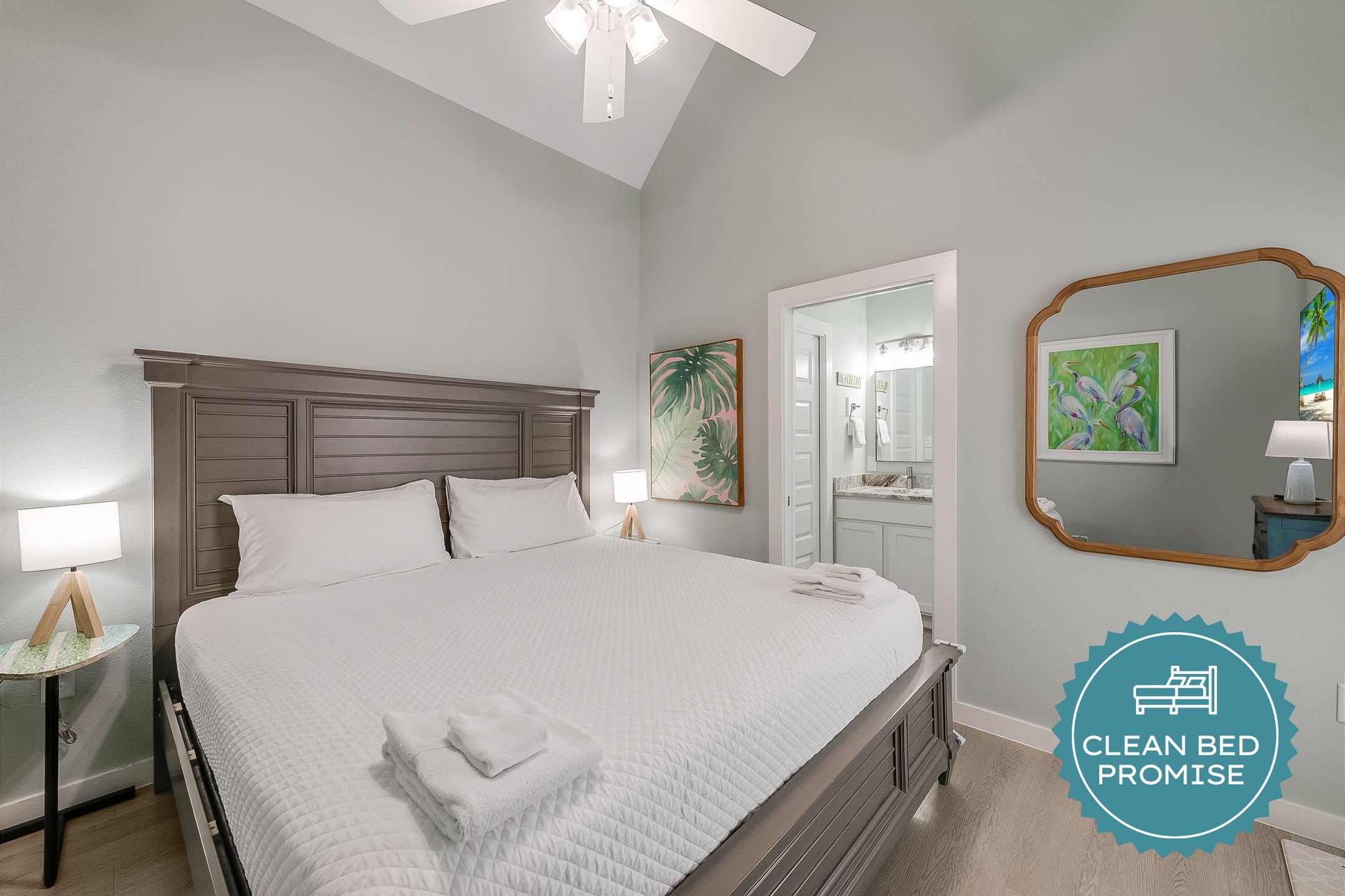 Sleep better at Padre Escapes with our exclusive Clean Bed Promise; providing fresh linens, comforters, and towels washed at high temperatures exceeding CDC recommendations, setting us apart for a truly restful vacation