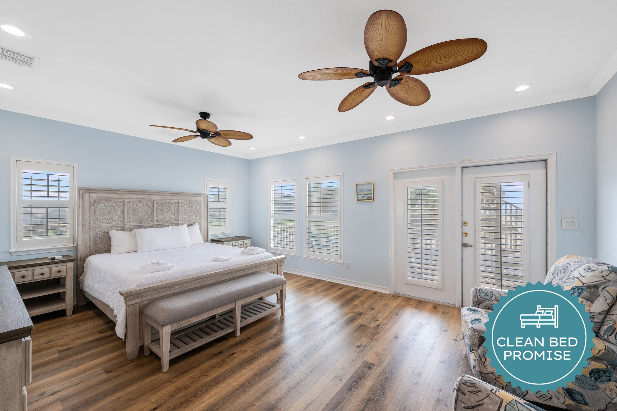 Sleep better at Padre Escapes with our exclusive Clean Bed Promise; providing fresh linens, comforters, and towels washed at high temperatures exceeding CDC recommendations, setting us apart for a truly restful vacation