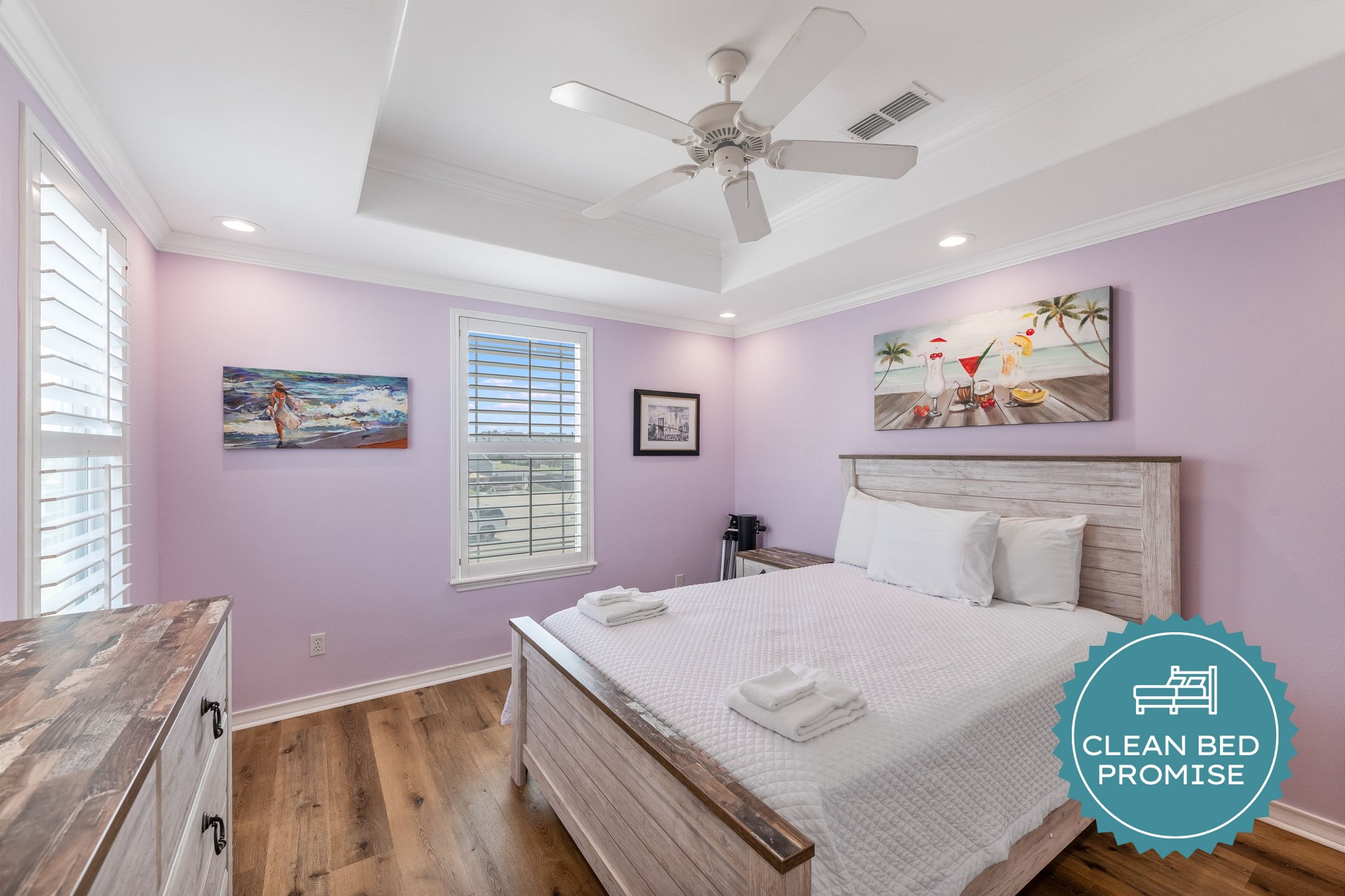 Sleep better at Padre Escapes with our exclusive Clean Bed Promise; providing fresh linens, comforters, and towels washed at high temperatures exceeding CDC recommendations, setting us apart for a truly restful vacation