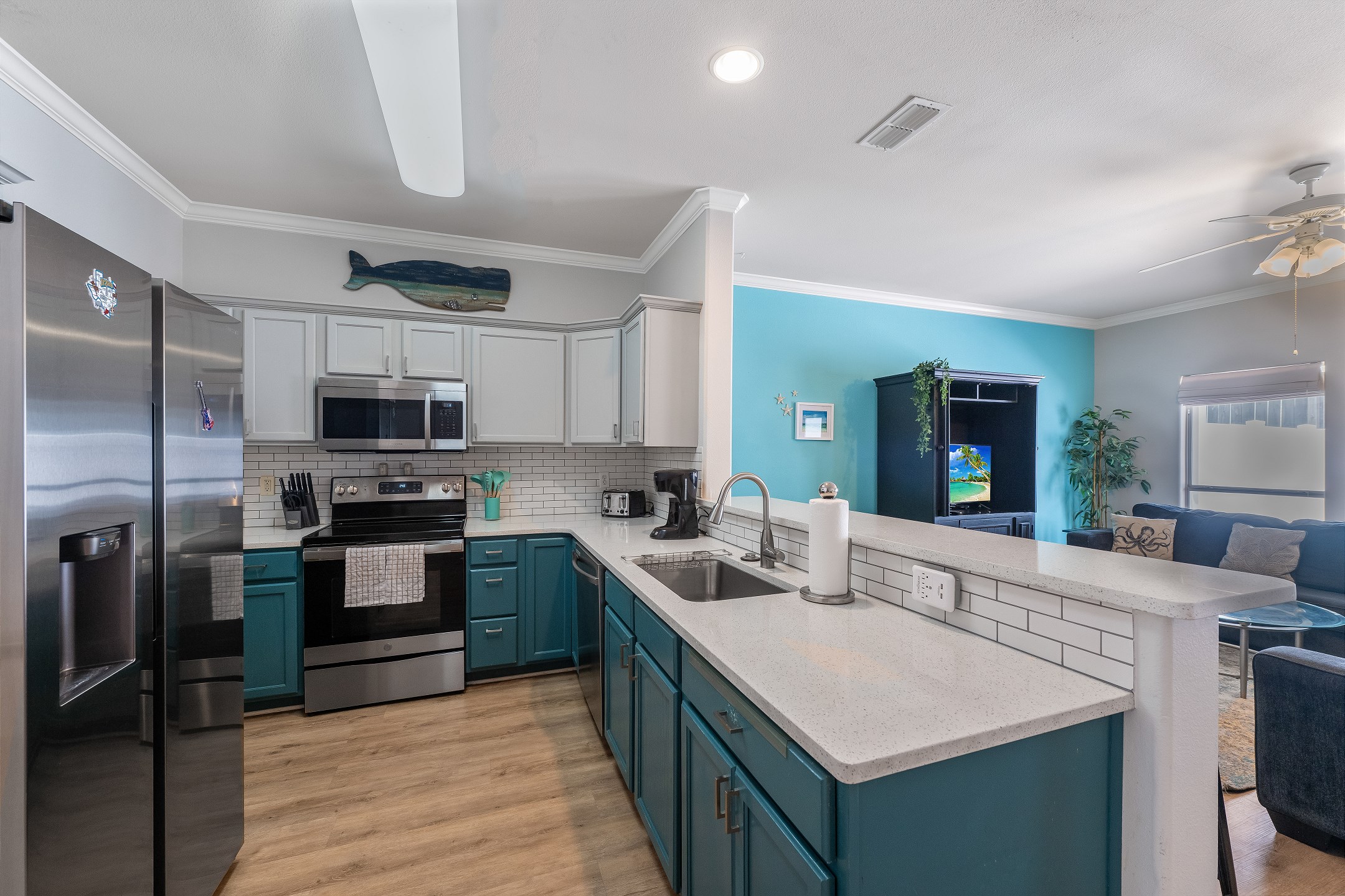 Enjoy a fully equipped kitchen with everything you need to prep, cook, and serve—from pots and pans to utensils and dinnerware.